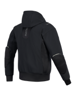 Alpinestars Moblast Waterproof Jacket, vista traseira, preto, hoodie de motociclismo urbano com logótipo vertical nas costas, construção técnica em softshell e ripstop, capuz fixo e fechos de correr externos para os protetores de cotovelo