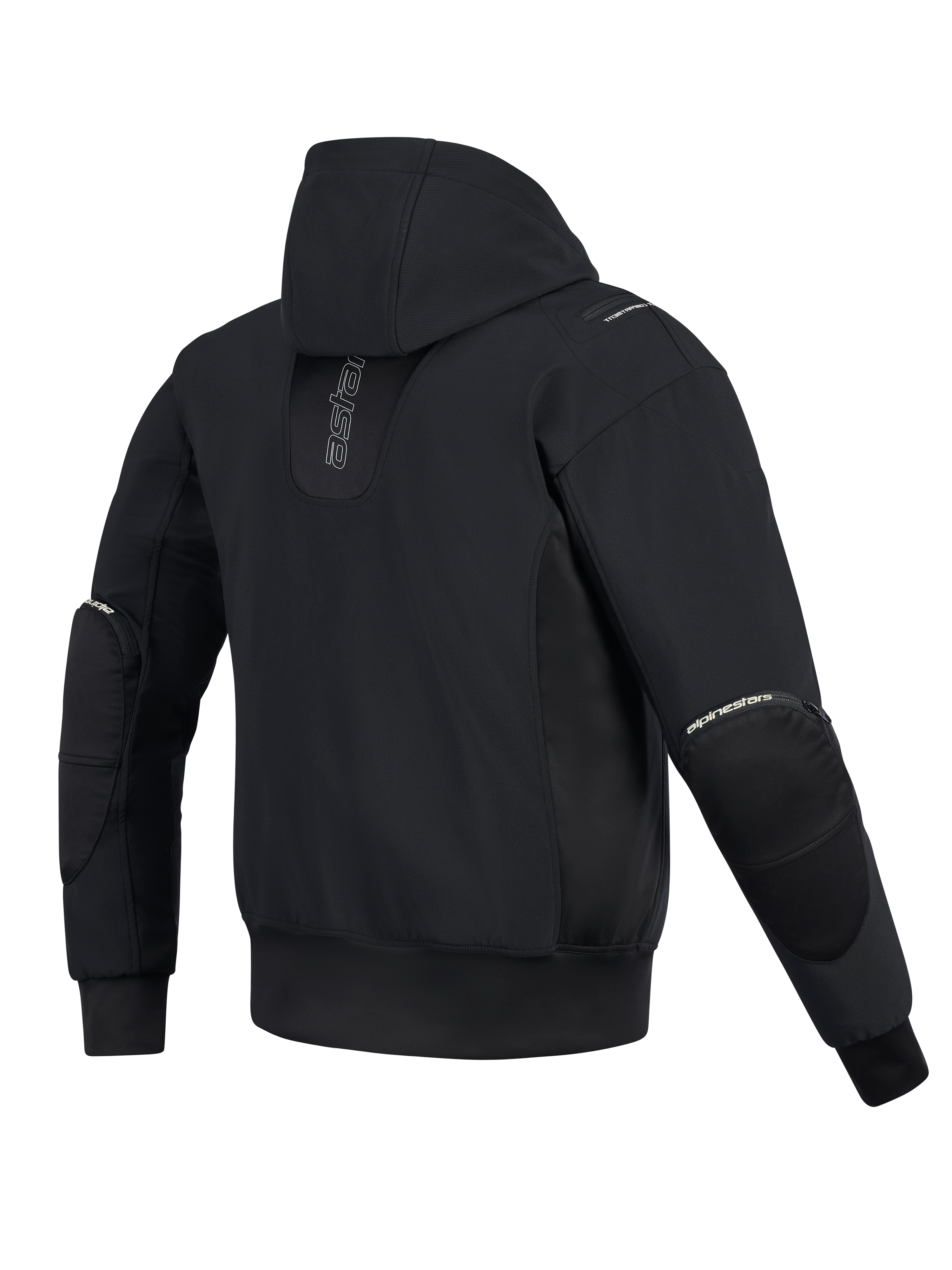 Alpinestars Moblast Waterproof Jacket, vista traseira, preto, hoodie de motociclismo urbano com logótipo vertical nas costas, construção técnica em softshell e ripstop, capuz fixo e fechos de correr externos para os protetores de cotovelo