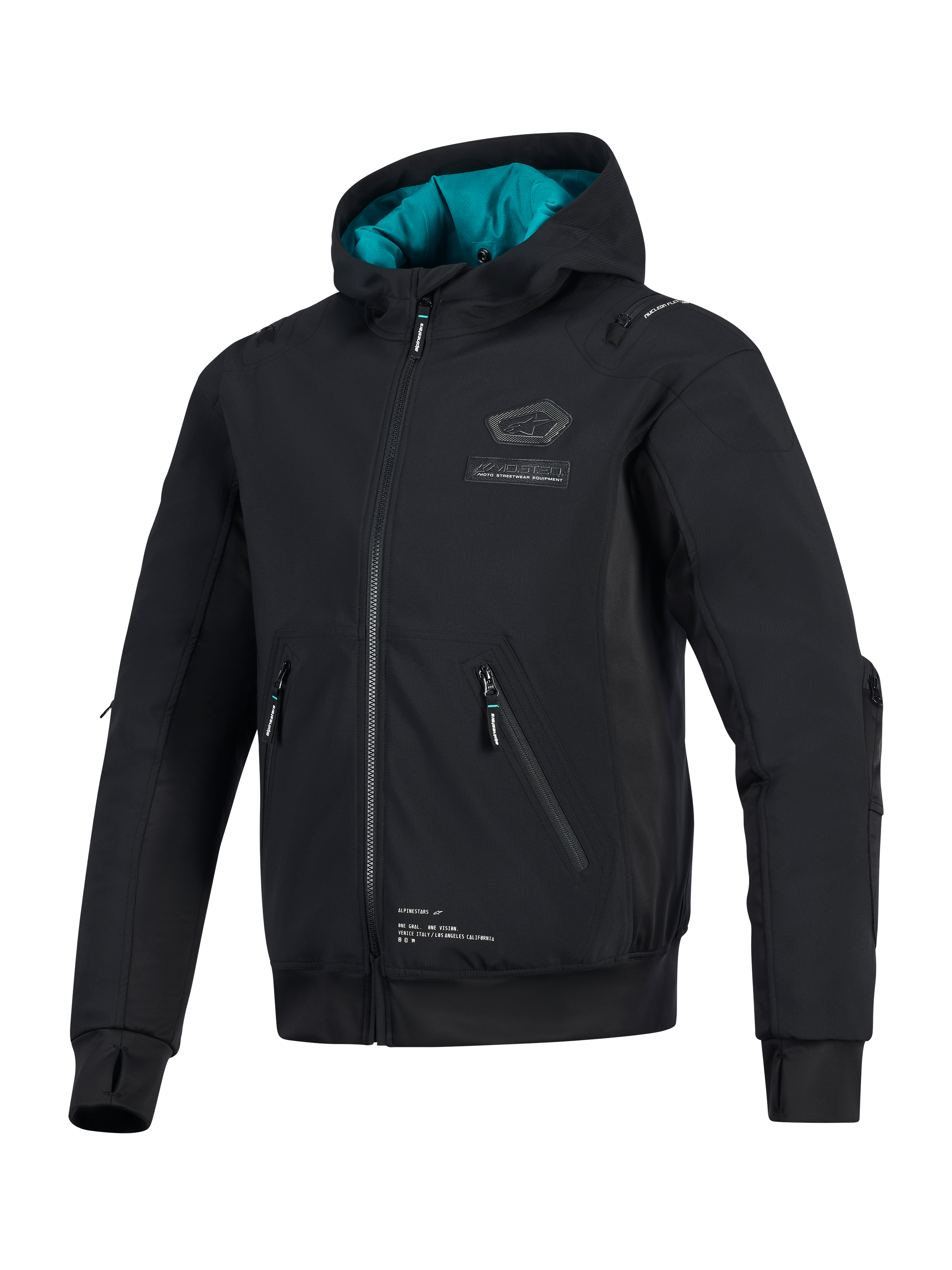 Casaco Alpinestars Moblast Waterproof, preto com forro do capuz em verde-azulado, casaco de motociclismo técnico em softshell com bolsos 3D com fecho, orifícios para os polegares integrados e logótipo Alpinestars no peito, vestuário de condução urbana