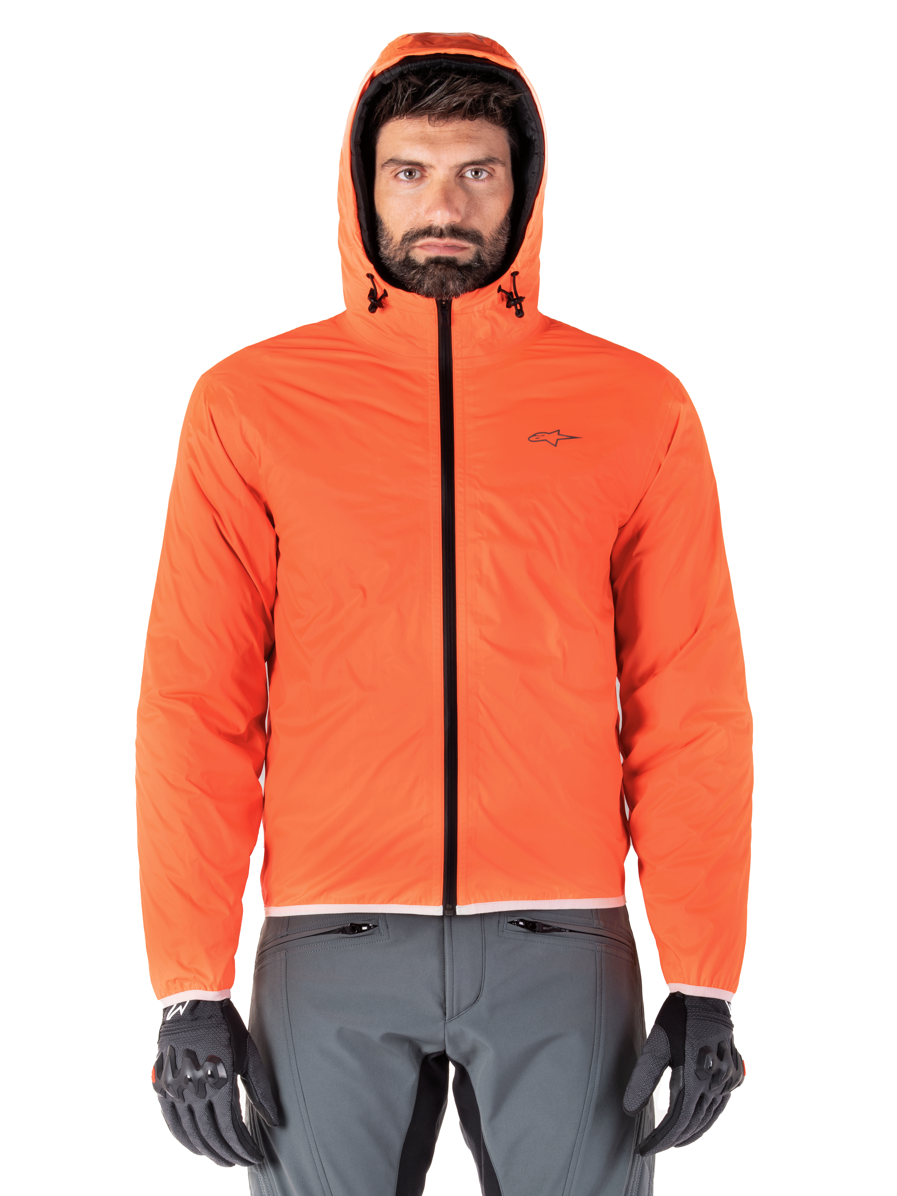 Alpinestars Mohobbs Waterproof Jacket, Motorcycle Padded Bomber Jacket, Black and Orange Fluo, quilted design with stormproof hood, urban streetwear inspired riding gear