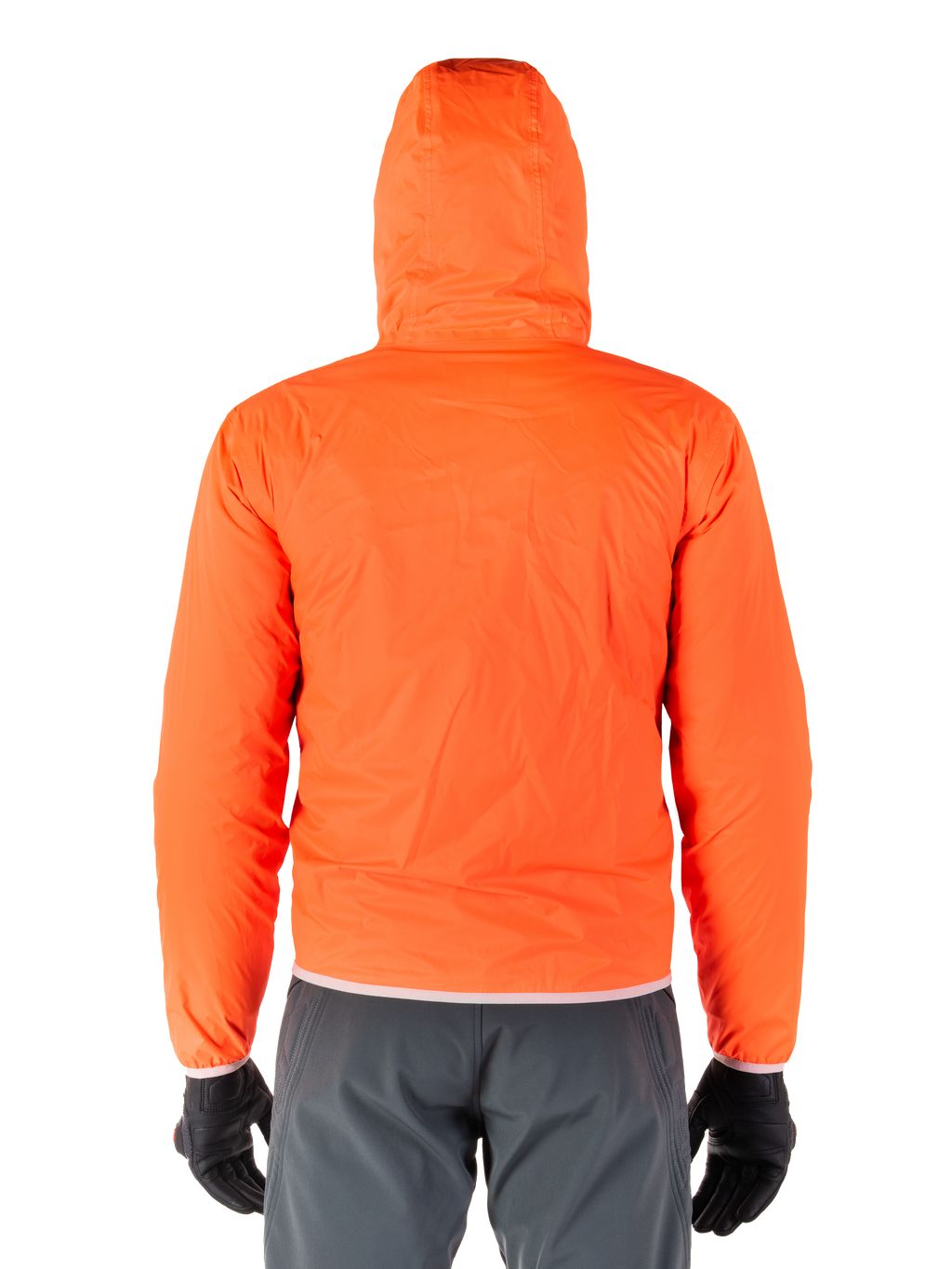 Alpinestars Mohobbs Waterproof Jacket, Bright Orange Fluo packable raincover, rear view of hooded lightweight jacket, worn with dark gray riding pants and black gloves