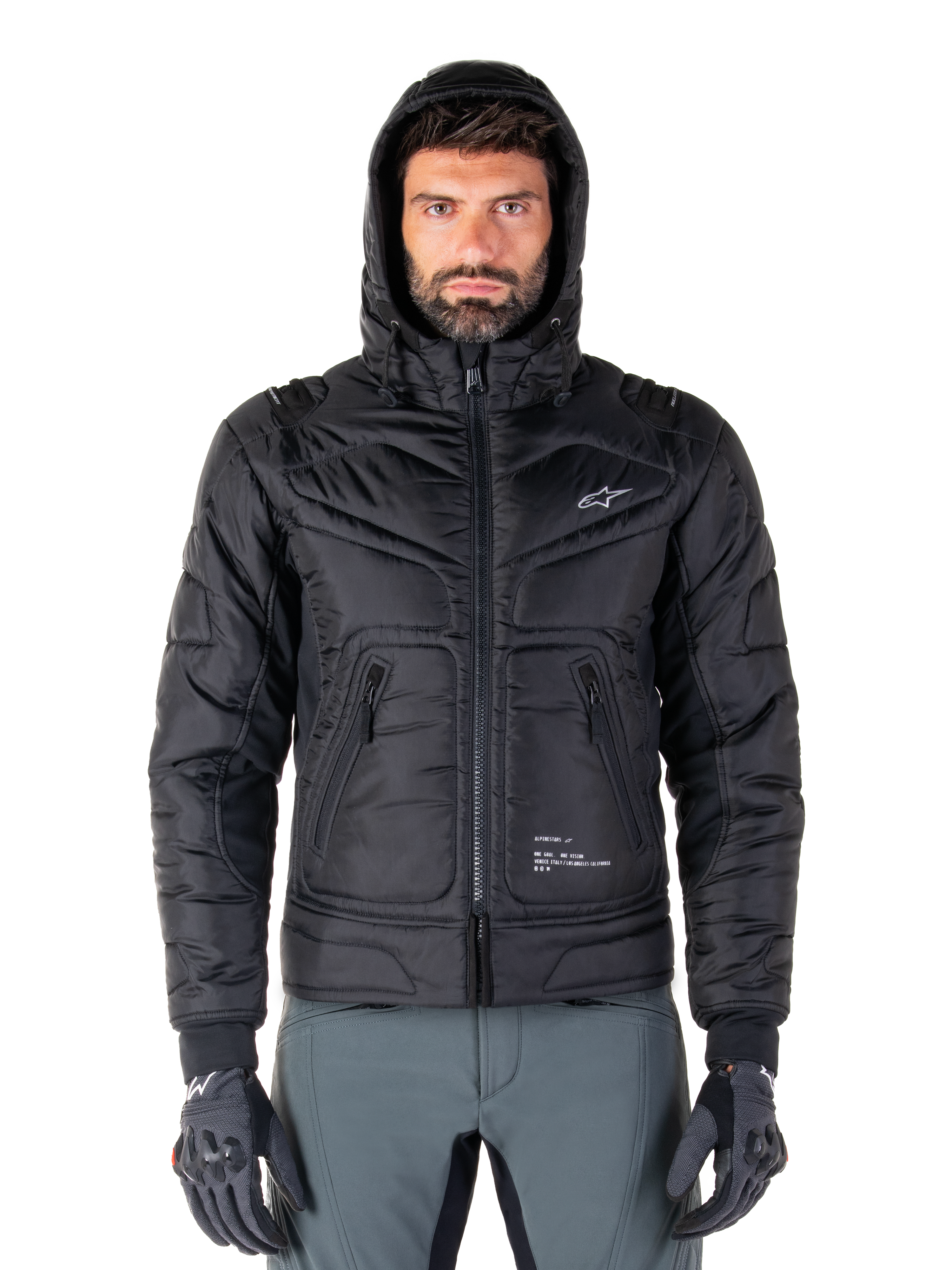 Alpinestars Mohobbs Waterproof Jacket, black quilted motorcycle bomber jacket, hooded design with white star logo on chest, front zip closure, urban streetwear style for riders