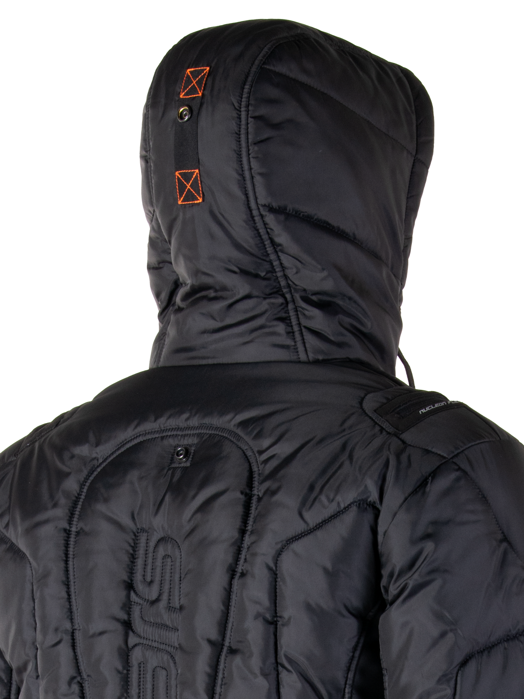 Alpinestars Mohobbs Waterproof Jacket, Padded Motorcycle Bomber Jacket, Black and Orange Fluo, quilted texture with insulated padding, features a hood and front zipper, contemporary urban streetwear for riding