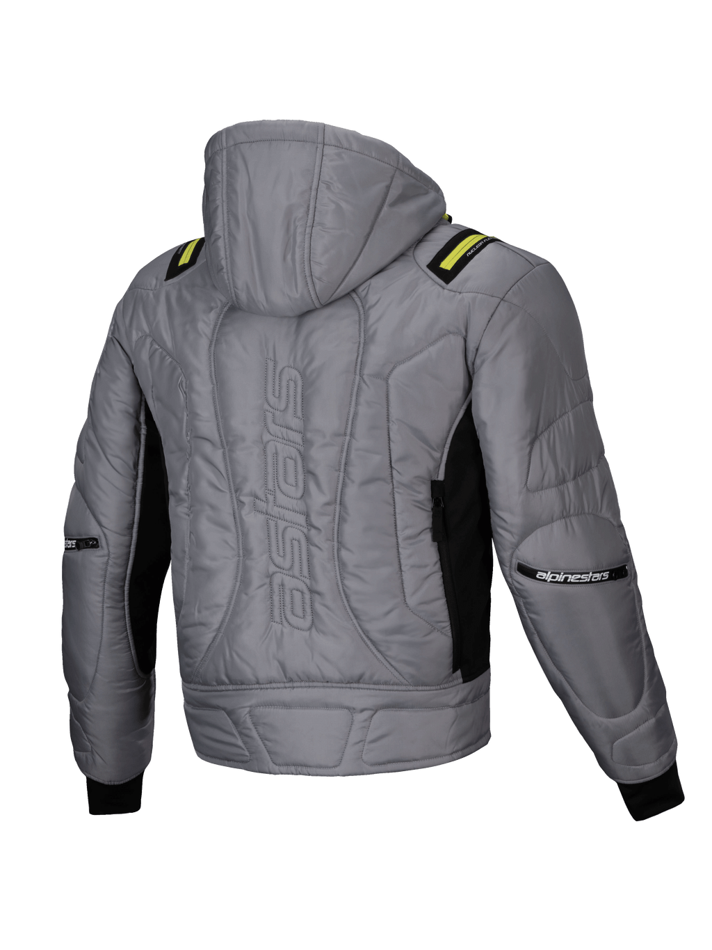 Alpinestars Mohobbs Waterproof Jacket, casaco de moto urbano com capuz para homem, cinzento e verde lima, acolchoado com marca astars nas costas, vista traseira