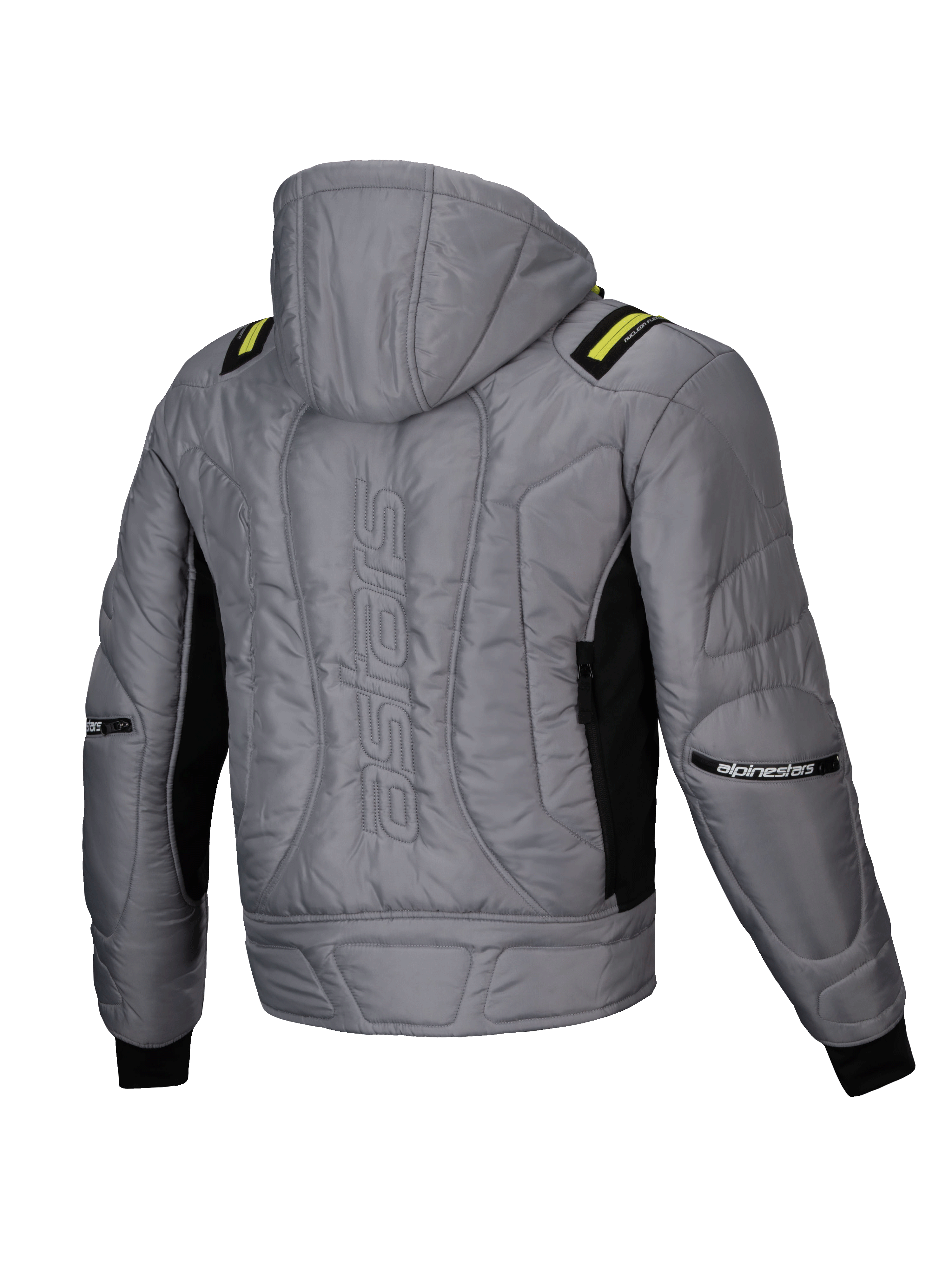 Alpinestars Mohobbs Waterproof Jacket, casaco de moto urbano com capuz para homem, cinzento e verde lima, acolchoado com marca astars nas costas, vista traseira
