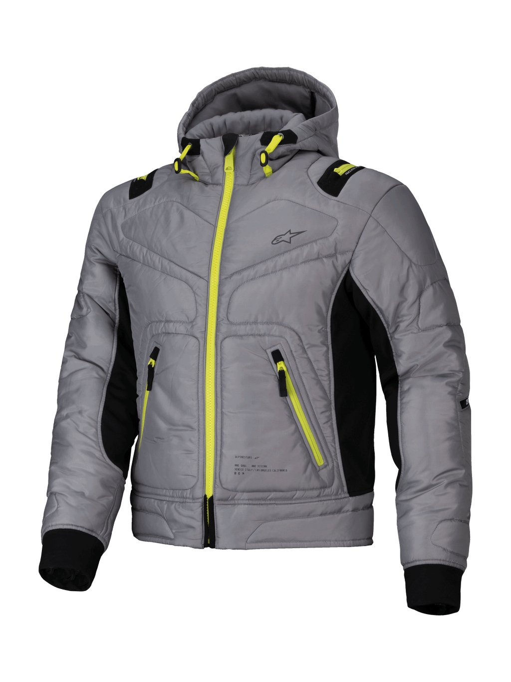 Alpinestars Jaqueta Mohobbs Impermeável, casaco de moto urbano contemporâneo tipo bomber, cinzento e verde-limão com detalhes pretos, certificado CE com armadura Nucleon Flex Plus e design Tech-Air ready