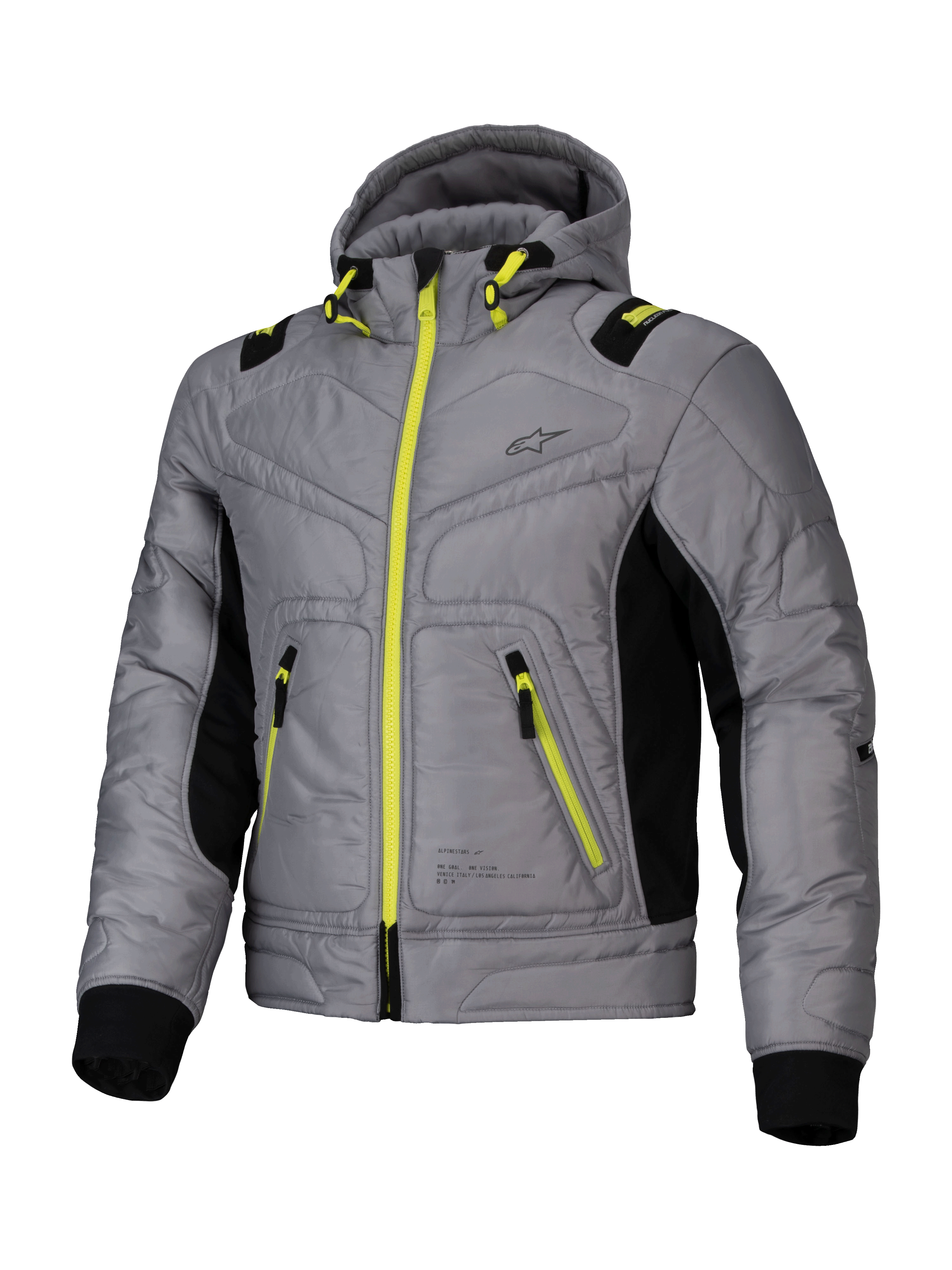 Alpinestars Jaqueta Mohobbs Impermeável, casaco de moto urbano contemporâneo tipo bomber, cinzento e verde-limão com detalhes pretos, certificado CE com armadura Nucleon Flex Plus e design Tech-Air ready