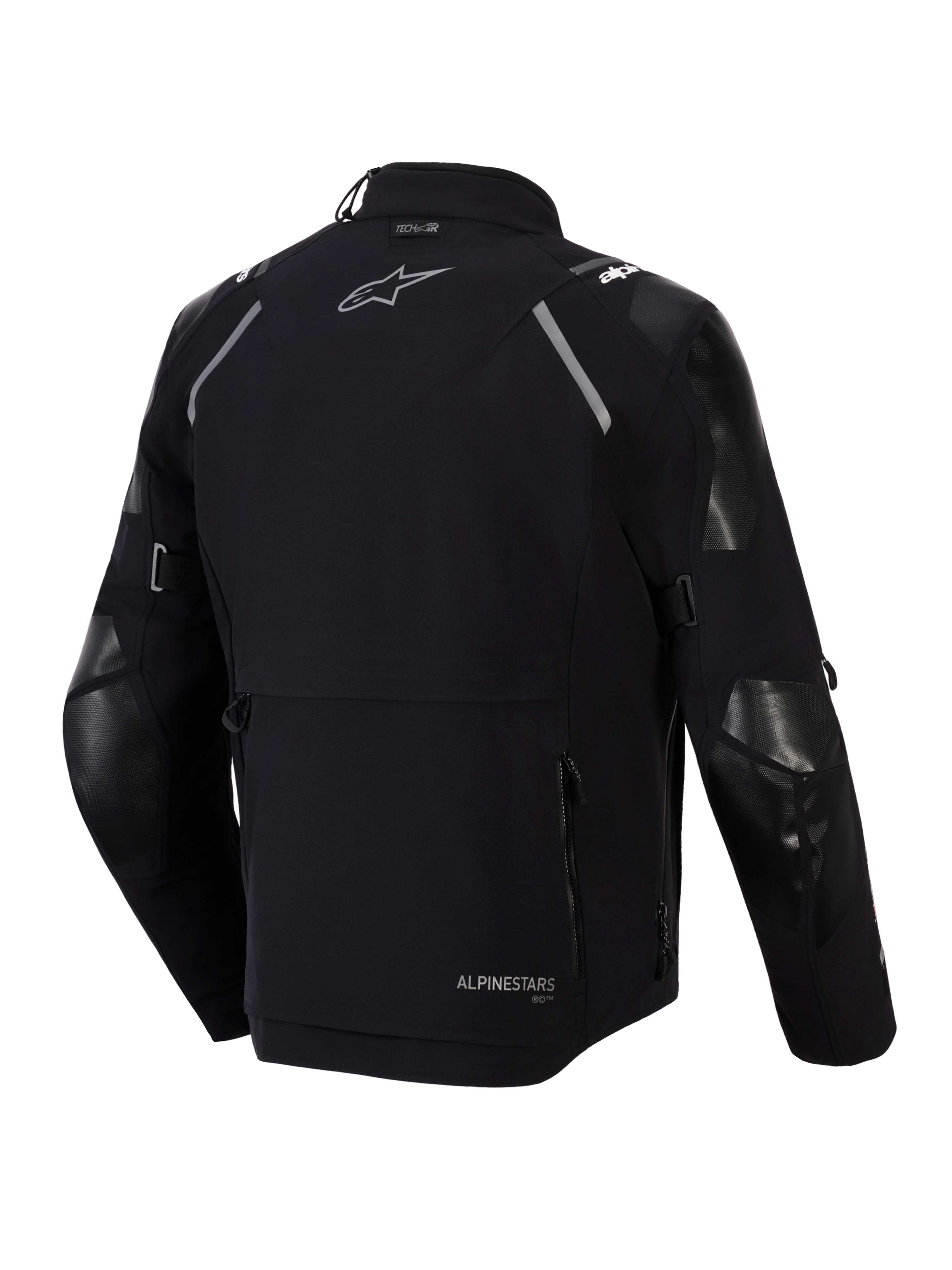 Casaco Alpinestars Andes Pro Drystar® XF, vista traseira, preto e cinzento escuro, casaco têxtil de aventura e touring com um grande bolso de armazenamento traseiro, detalhes refletores nos ombros, logótipo Alpinestars e marca de compatibilidade Tech-Air®.