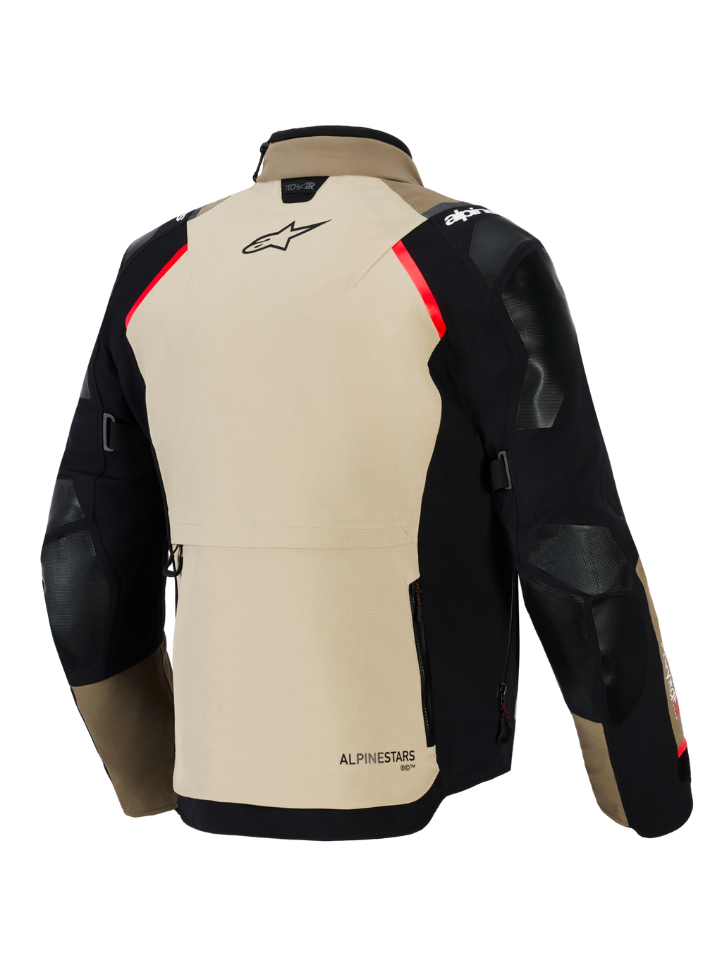 Casaco Alpinestars Andes Pro Drystar® XF, vista traseira, nogueira e preto com detalhes em vermelho, apresenta painéis reforçados nos ombros e cotovelos, grande bolso traseiro e marca Alpinestars, equipamento de motociclismo adventure touring