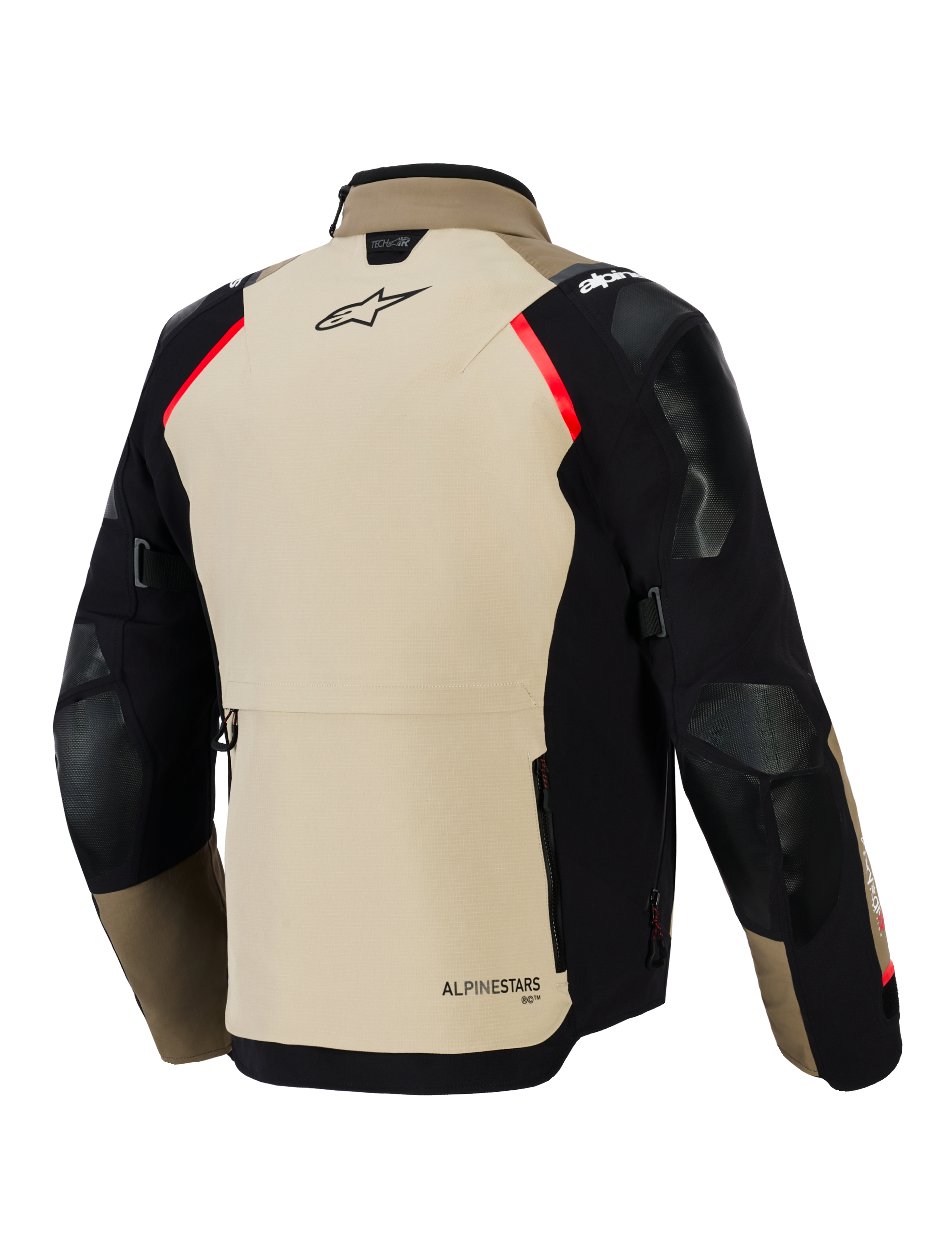 Casaco Alpinestars Andes Pro Drystar® XF, vista traseira, nogueira e preto com detalhes em vermelho, apresenta painéis reforçados nos ombros e cotovelos, grande bolso traseiro e marca Alpinestars, equipamento de motociclismo adventure touring