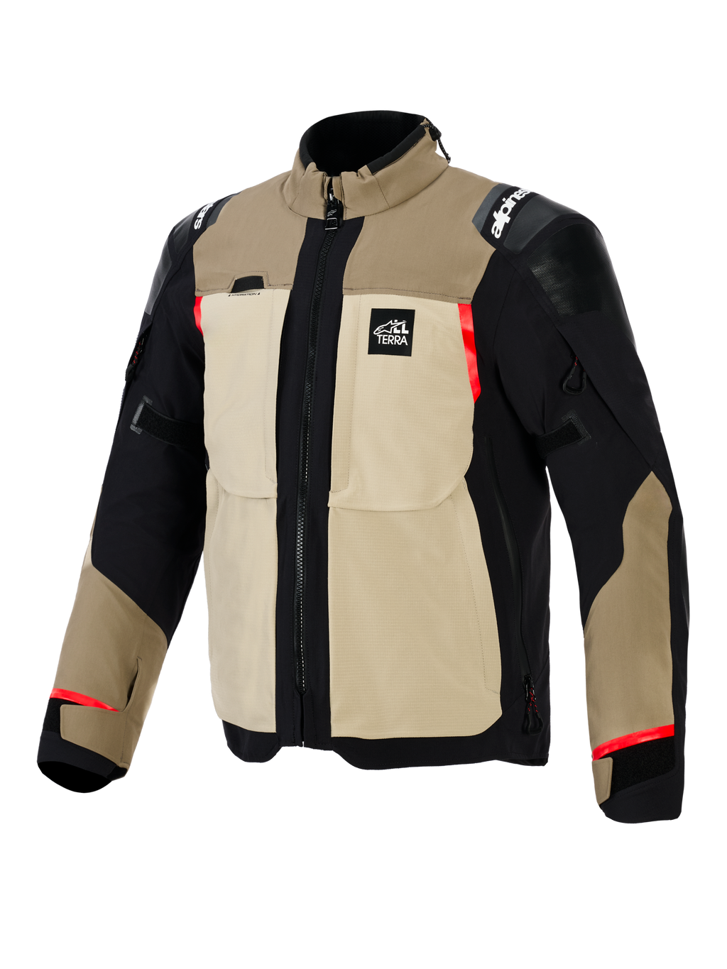 Casaco Alpinestars Andes Pro Drystar® XF, casaco de motociclismo de aventura, combinação de cores Walnut e Aluminum, construção têxtil em bege e preto com detalhes em vermelho, com grandes bolsos utilitários no peito, logótipo 'All Terra' no peito e painéis reforçados nos ombros.