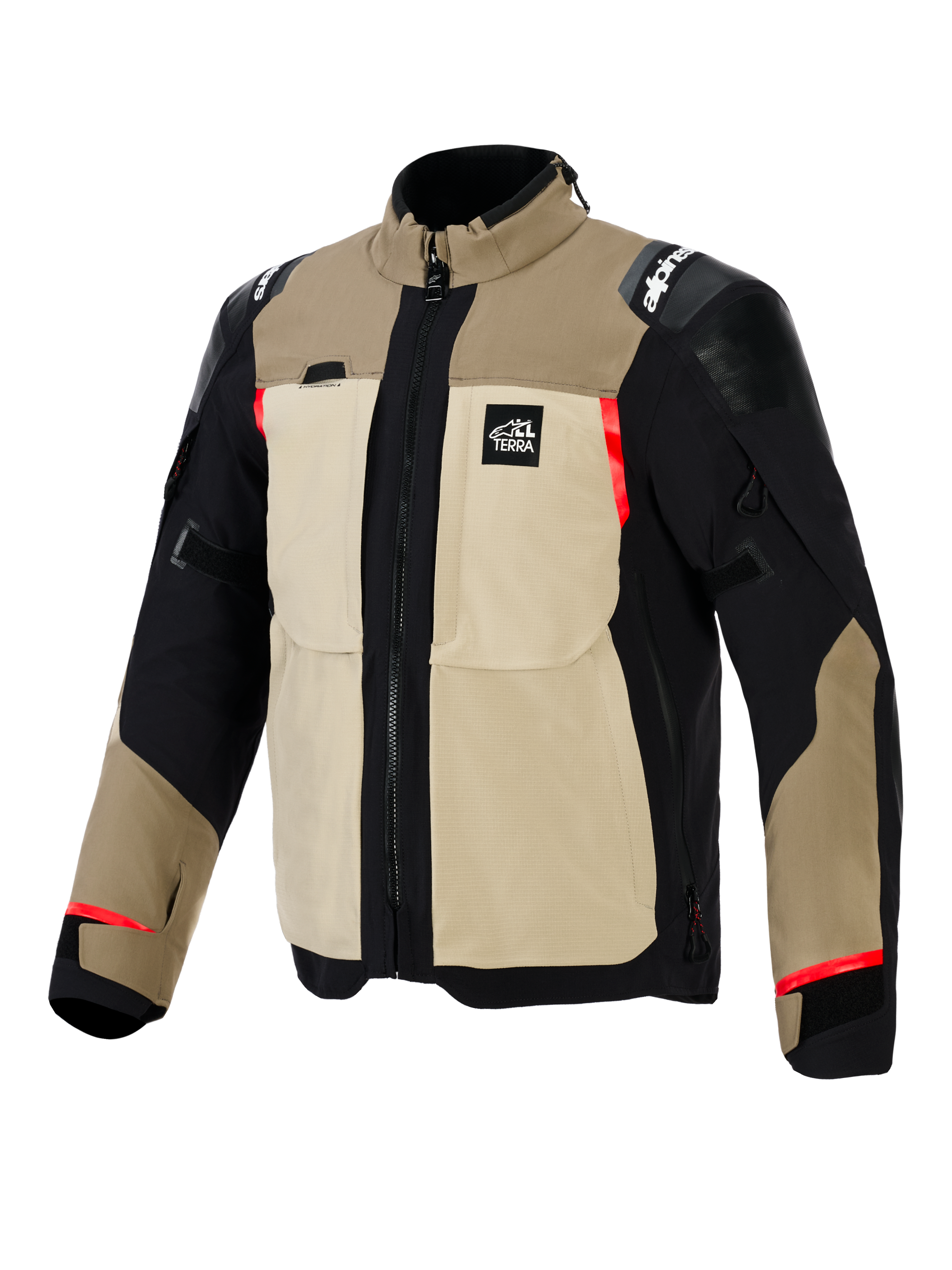 Casaco Alpinestars Andes Pro Drystar® XF, casaco de motociclismo de aventura, combinação de cores Walnut e Aluminum, construção têxtil em bege e preto com detalhes em vermelho, com grandes bolsos utilitários no peito, logótipo 'All Terra' no peito e painéis reforçados nos ombros.