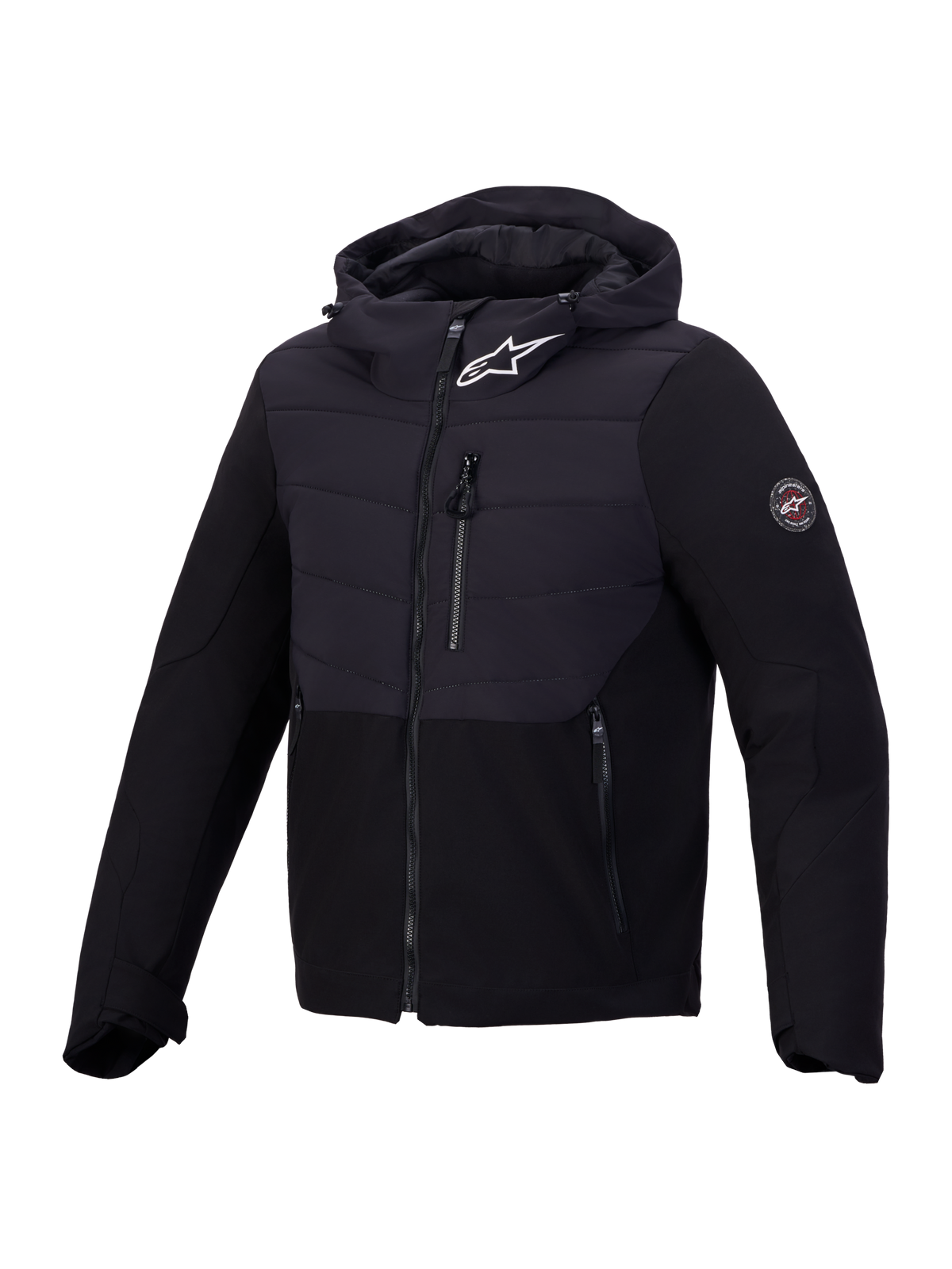 Alpinestars Therma-Tech Waterproof Jacket, Black men's motorcycle commuter jacket with sonic-welded down construction, integrated hood, and CE certified armor