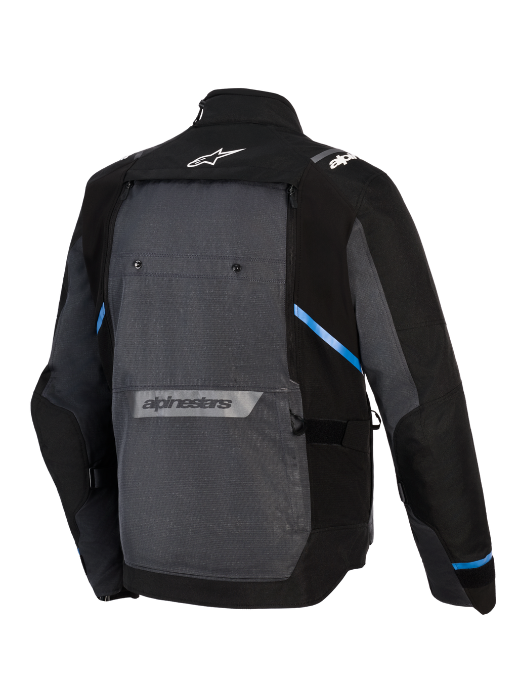 Casaco Alpinestars Cusco Drystar®, casaco de motociclismo de turismo de aventura, preto e cinzento escuro, vista traseira com um grande painel traseiro cinzento, detalhes azuis, logótipos Alpinestars na parte superior e inferior das costas e construção têxtil ripstop durável