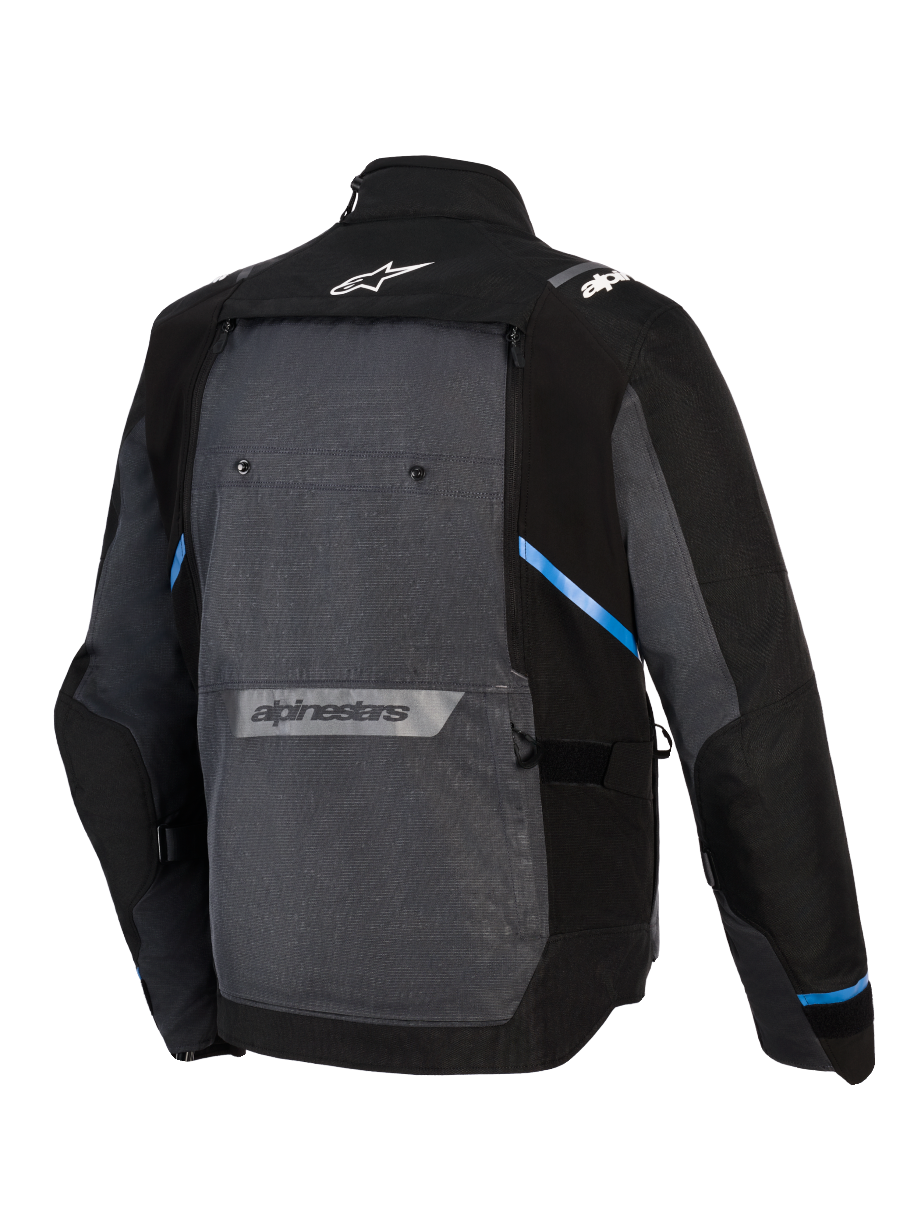Casaco Alpinestars Cusco Drystar®, casaco de motociclismo de turismo de aventura, preto e cinzento escuro, vista traseira com um grande painel traseiro cinzento, detalhes azuis, logótipos Alpinestars na parte superior e inferior das costas e construção têxtil ripstop durável
