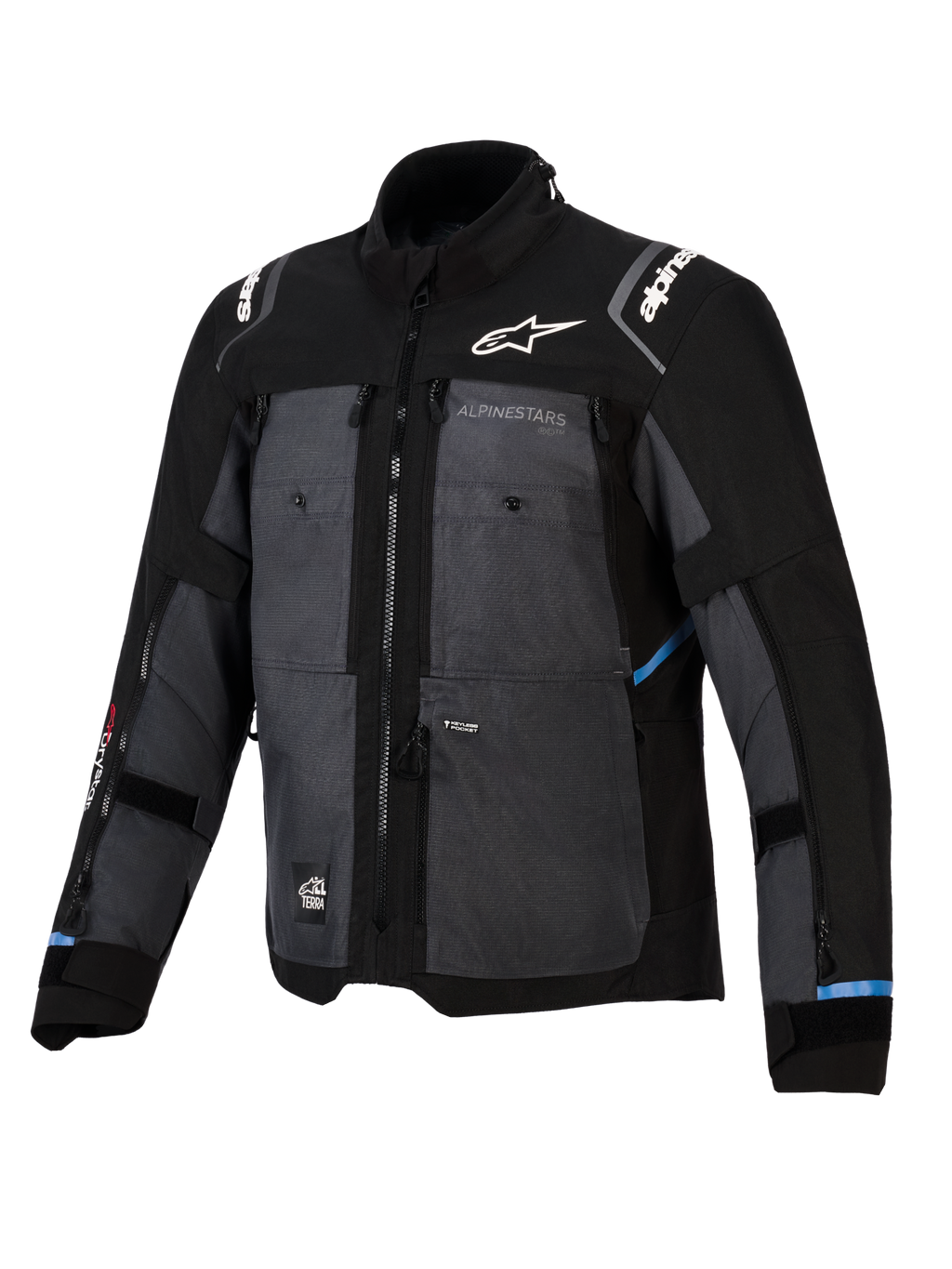 Alpinestars Cusco Drystar® Jacket, casaco de aventura e turismo, preto e cinzento escuro, com painéis têxteis ripstop, logótipo Alpinestars em branco no peito e ombros, múltiplos fechos de ventilação e detalhes em azul claro.