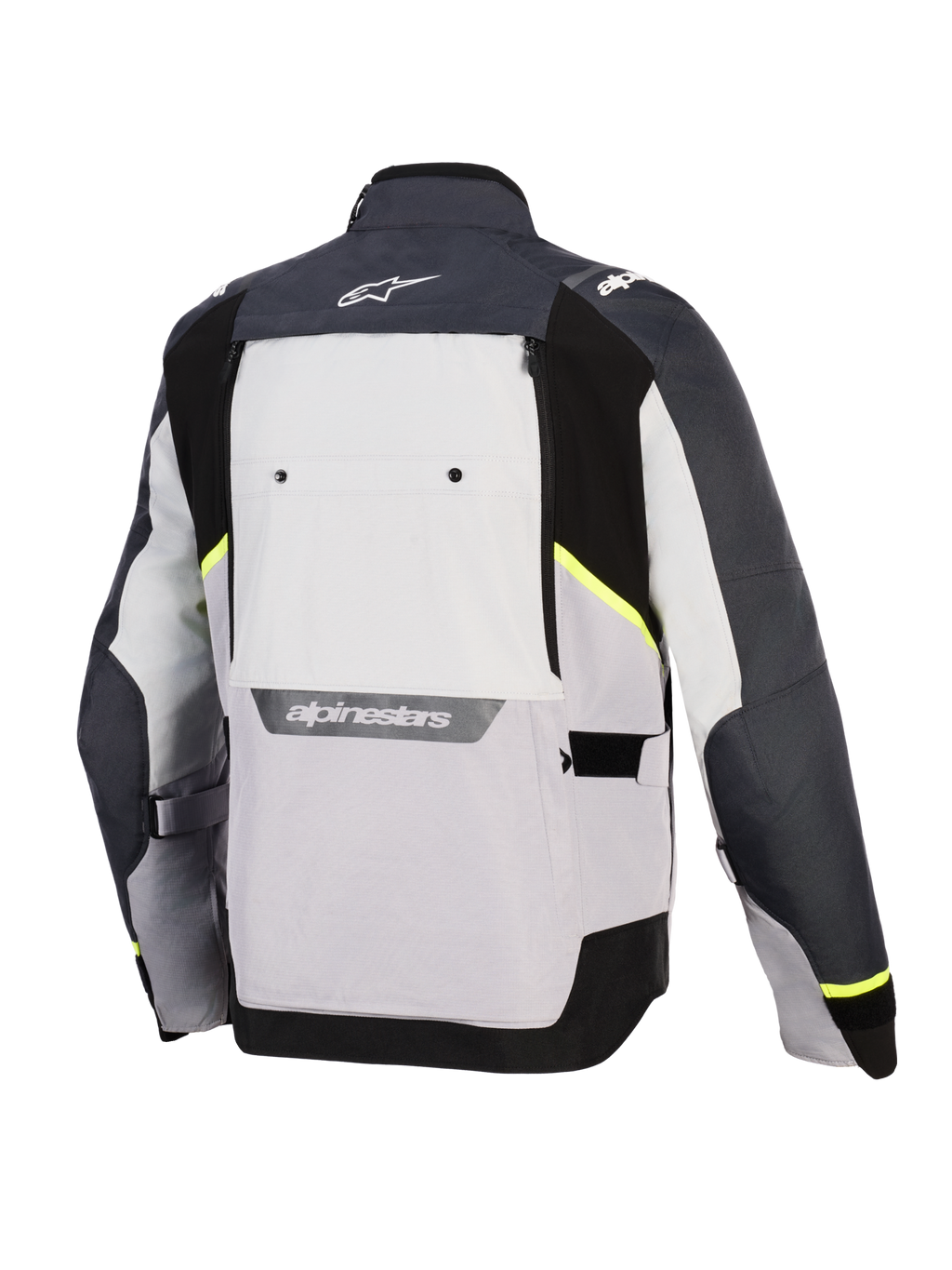 Alpinestars Cusco Drystar® Jacket, casaco de motociclismo, Ice Gray, Mid Gray e Deep Gray, vista traseira com painéis têxteis multi-tonais, detalhes em amarelo néon, grande painel de ventilação traseiro e logótipo Alpinestars em branco na gola e na zona lombar