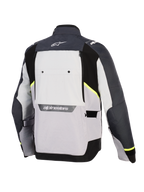 Alpinestars Cusco Drystar® Jacket, casaco de motociclismo, Ice Gray, Mid Gray e Deep Gray, vista traseira com painéis têxteis multi-tonais, detalhes em amarelo néon, grande painel de ventilação traseiro e logótipo Alpinestars em branco na gola e na zona lombar