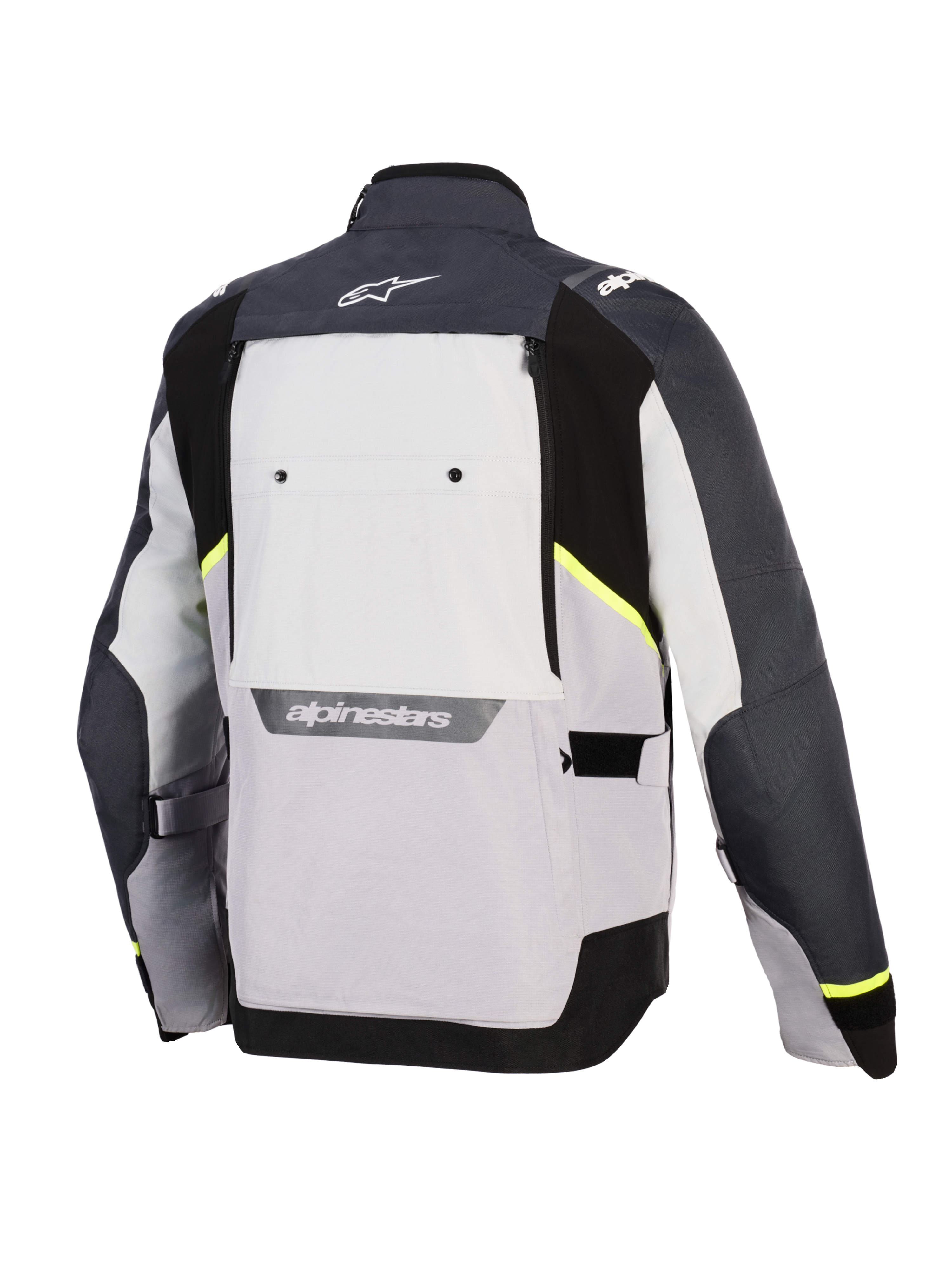 Alpinestars Cusco Drystar® Jacket, casaco de motociclismo, Ice Gray, Mid Gray e Deep Gray, vista traseira com painéis têxteis multi-tonais, detalhes em amarelo néon, grande painel de ventilação traseiro e logótipo Alpinestars em branco na gola e na zona lombar