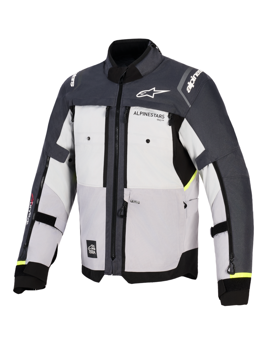 Casaco Alpinestars Cusco Drystar®, casaco de aventura para motociclismo, cinzento gelo, cinzento médio e cinzento escuro, vista frontal com construção têxtil de vários painéis, aberturas de ventilação no peito com fecho e logótipo Alpinestars no peito e nos ombros