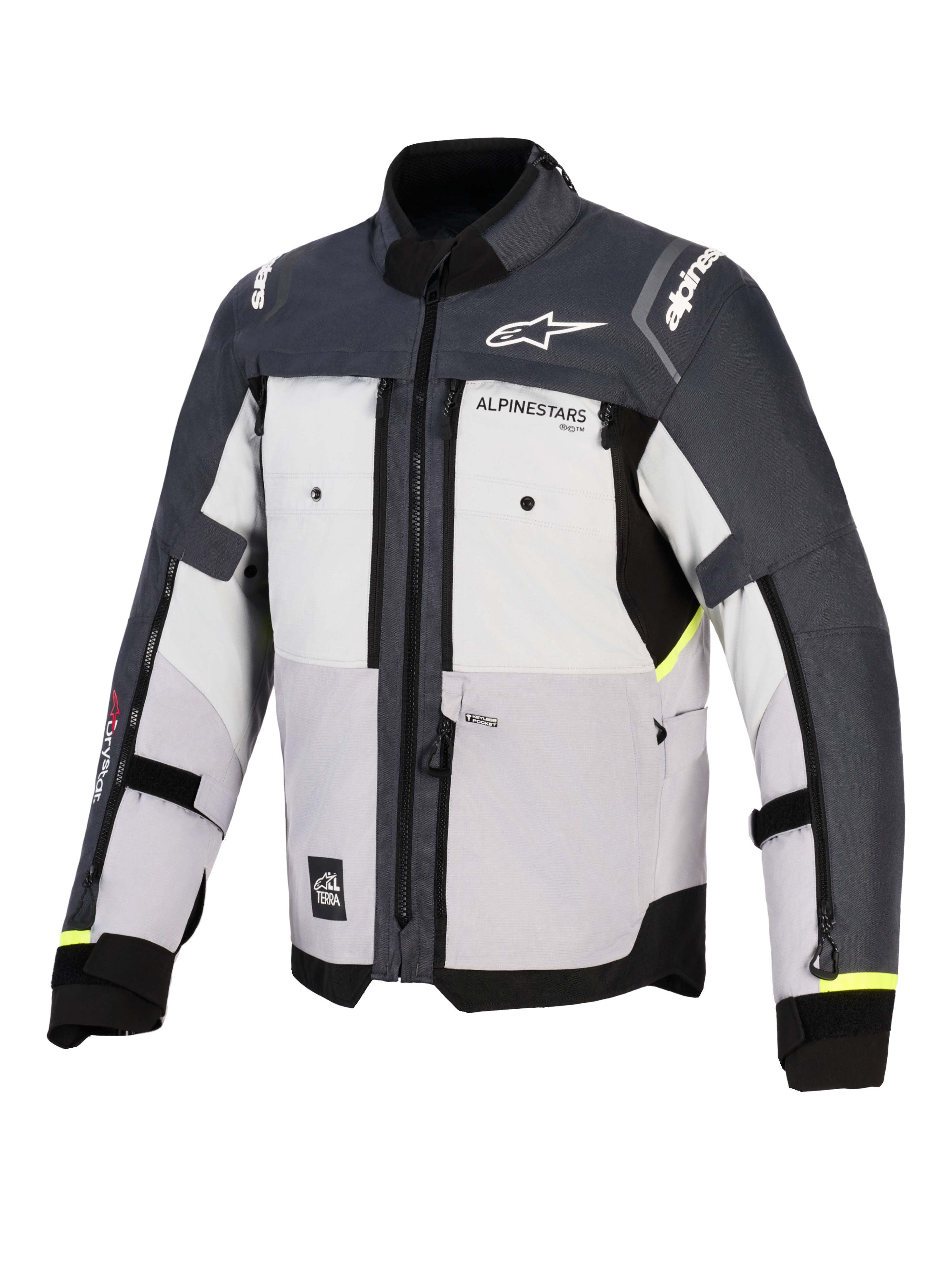 Casaco Alpinestars Cusco Drystar®, casaco de aventura para motociclismo, cinzento gelo, cinzento médio e cinzento escuro, vista frontal com construção têxtil de vários painéis, aberturas de ventilação no peito com fecho e logótipo Alpinestars no peito e nos ombros