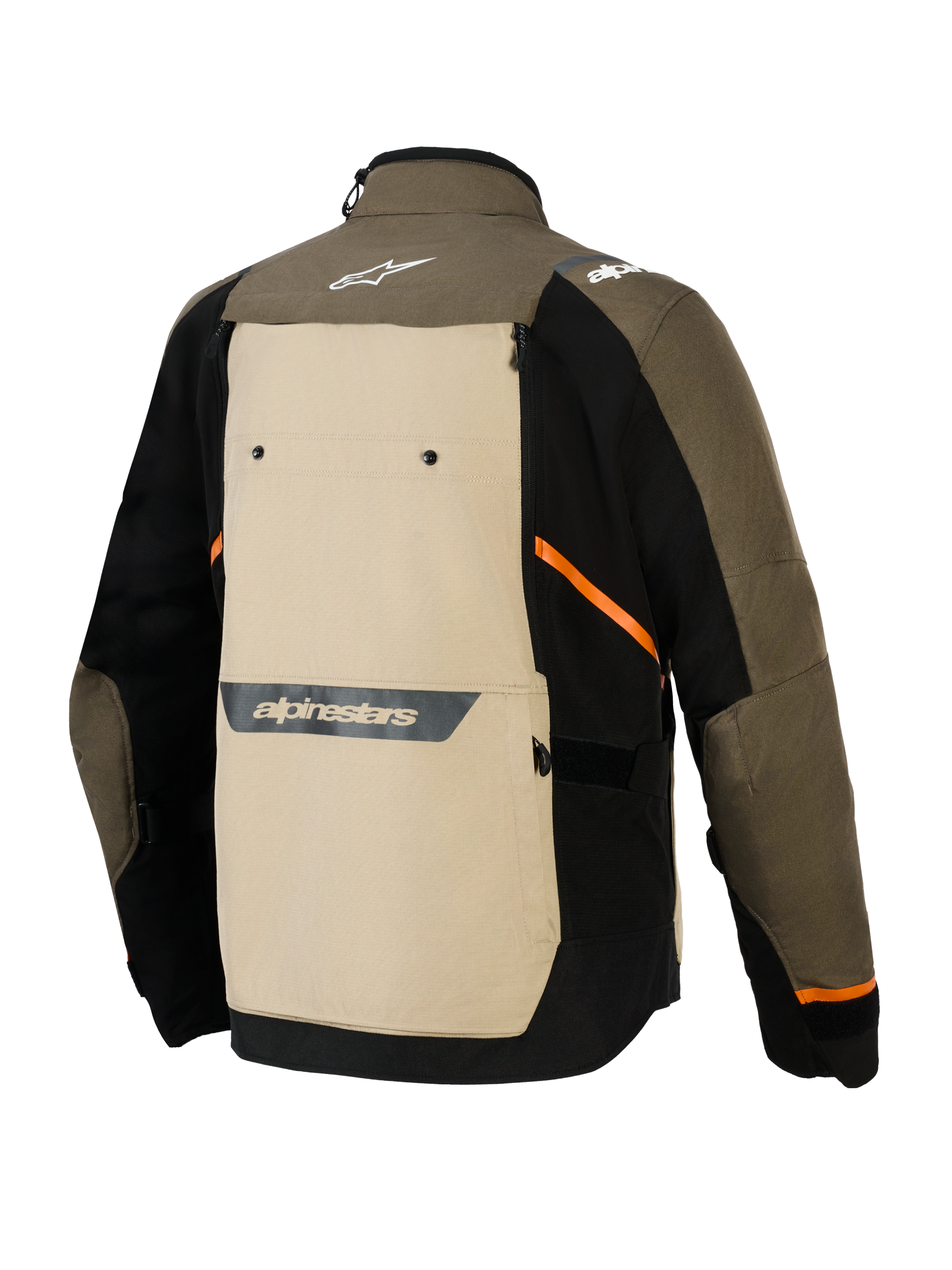 Casaco Alpinestars Cusco Drystar®, vista traseira, Walnut Aluminum Black, casaco têxtil de aventura para motociclismo com um grande painel traseiro bege, detalhes diagonais cor-de-laranja e logótipos refletores sobre uma estrutura castanha e preta.