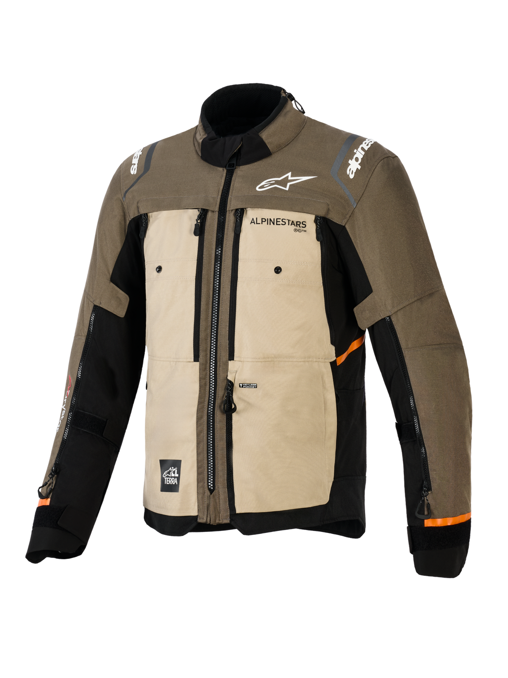 Casaco Alpinestars Cusco Drystar®, Walnut Aluminum Black, casaco de motociclismo para adventure touring, vista frontal de três quartos, construção têxtil com painéis bege e castanhos, aberturas de ventilação com fecho, logótipos Alpinestars brancos e detalhes em laranja nas mangas