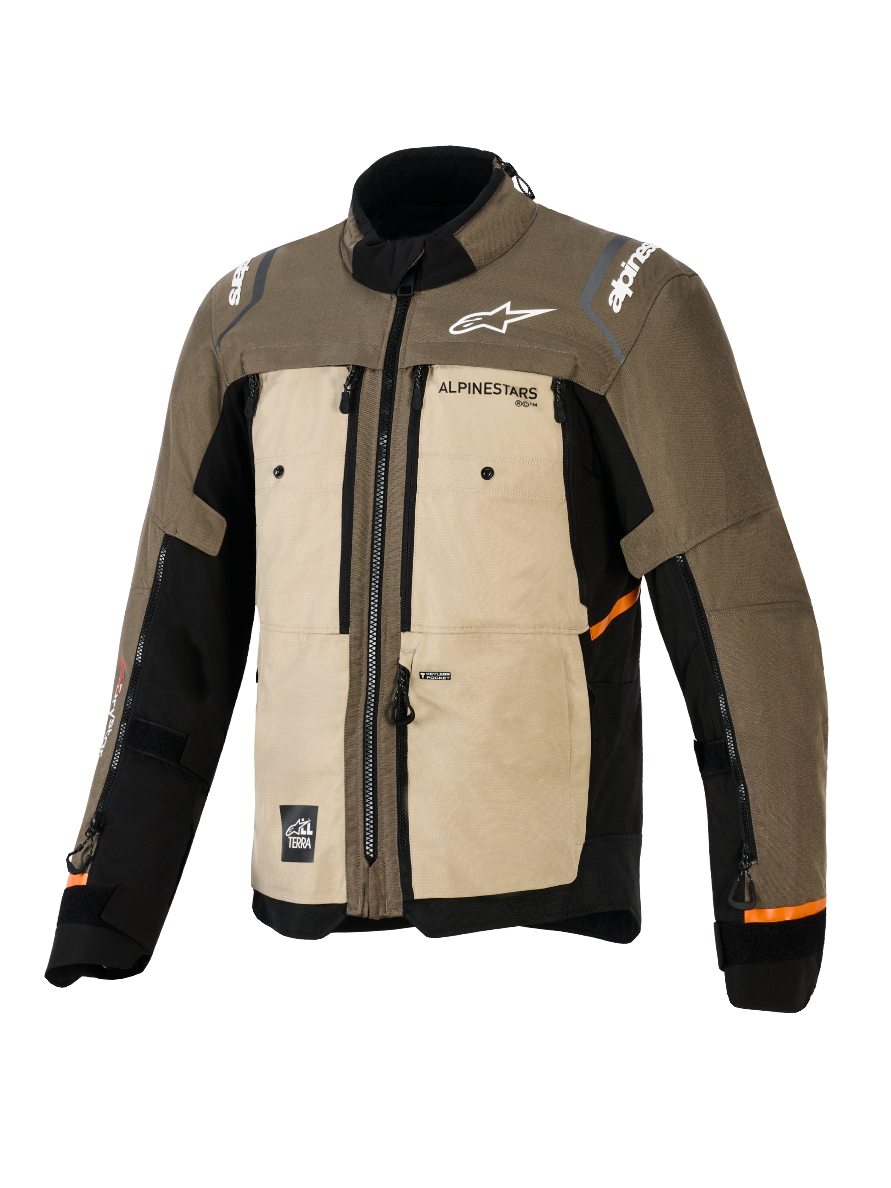 Casaco Alpinestars Cusco Drystar®, Walnut Aluminum Black, casaco de motociclismo para adventure touring, vista frontal de três quartos, construção têxtil com painéis bege e castanhos, aberturas de ventilação com fecho, logótipos Alpinestars brancos e detalhes em laranja nas mangas