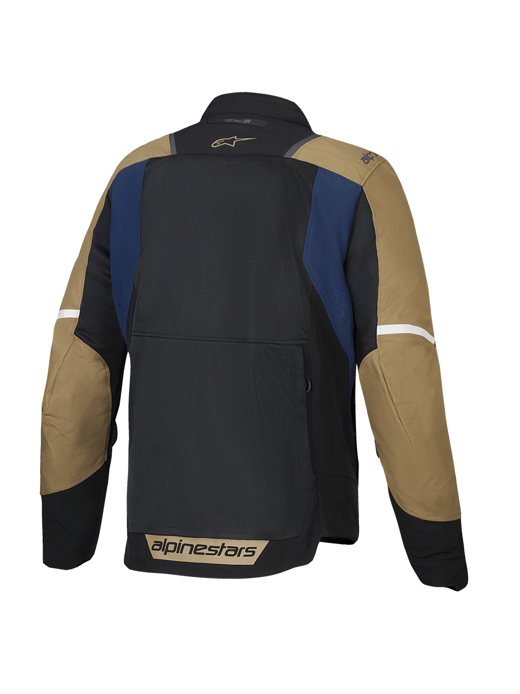 Alpinestars Jaqueta ST-2 Air, casaco de moto para touring de verão para homem, vista traseira com painéis de malha ventilados e barra traseira alongada, azul escuro, cáqui escuro e preto, certificado CE Nível AA e Tech-Air ready
