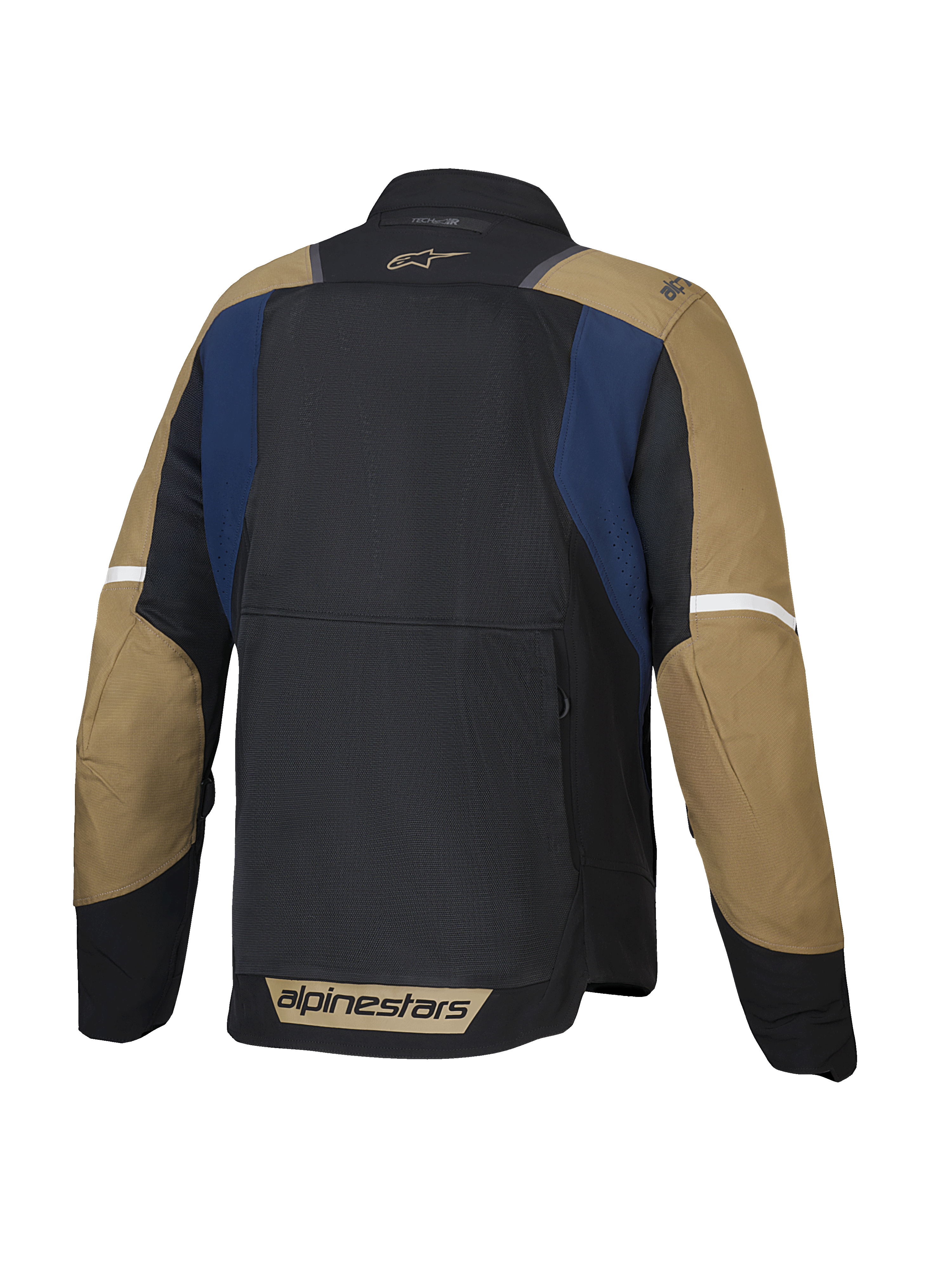 Alpinestars Jaqueta ST-2 Air, casaco de moto para touring de verão para homem, vista traseira com painéis de malha ventilados e barra traseira alongada, azul escuro, cáqui escuro e preto, certificado CE Nível AA e Tech-Air ready
