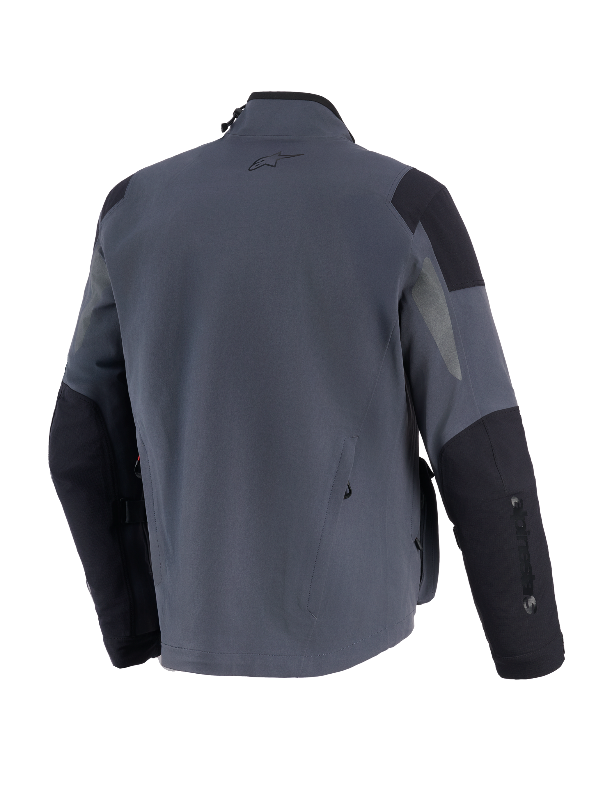 Alpinestars Maxdura Drystar®XF Laminated Armored Shell, Technical Adventure Motorcycle Jacket, Deep Gray and Black, back view featuring reinforced shoulder and elbow panels, small A-star logo on upper back, and vertical branding on the sleeve.