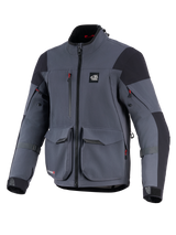 Alpinestars Maxdura Drystar®XF Laminated Armored Shell, Motorcycle Jacket, Deep Gray and Black, front view featuring large cargo pockets, red zipper accents, 'ALL TERRA' chest logo, and adjustable sleeve straps, technical adventure touring gear