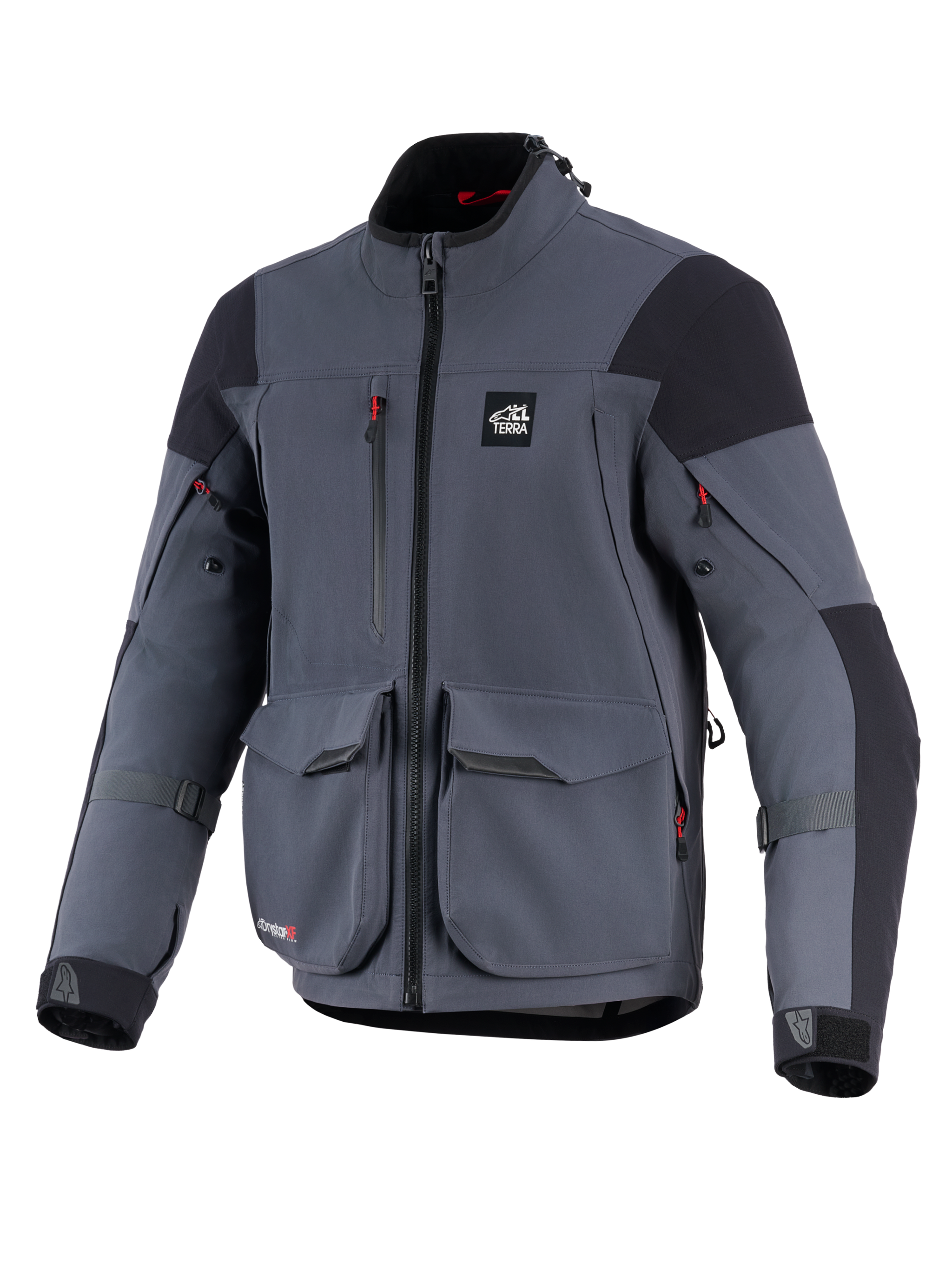 Alpinestars Maxdura Drystar®XF Laminated Armored Shell, Motorcycle Jacket, Deep Gray and Black, front view featuring large cargo pockets, red zipper accents, 'ALL TERRA' chest logo, and adjustable sleeve straps, technical adventure touring gear