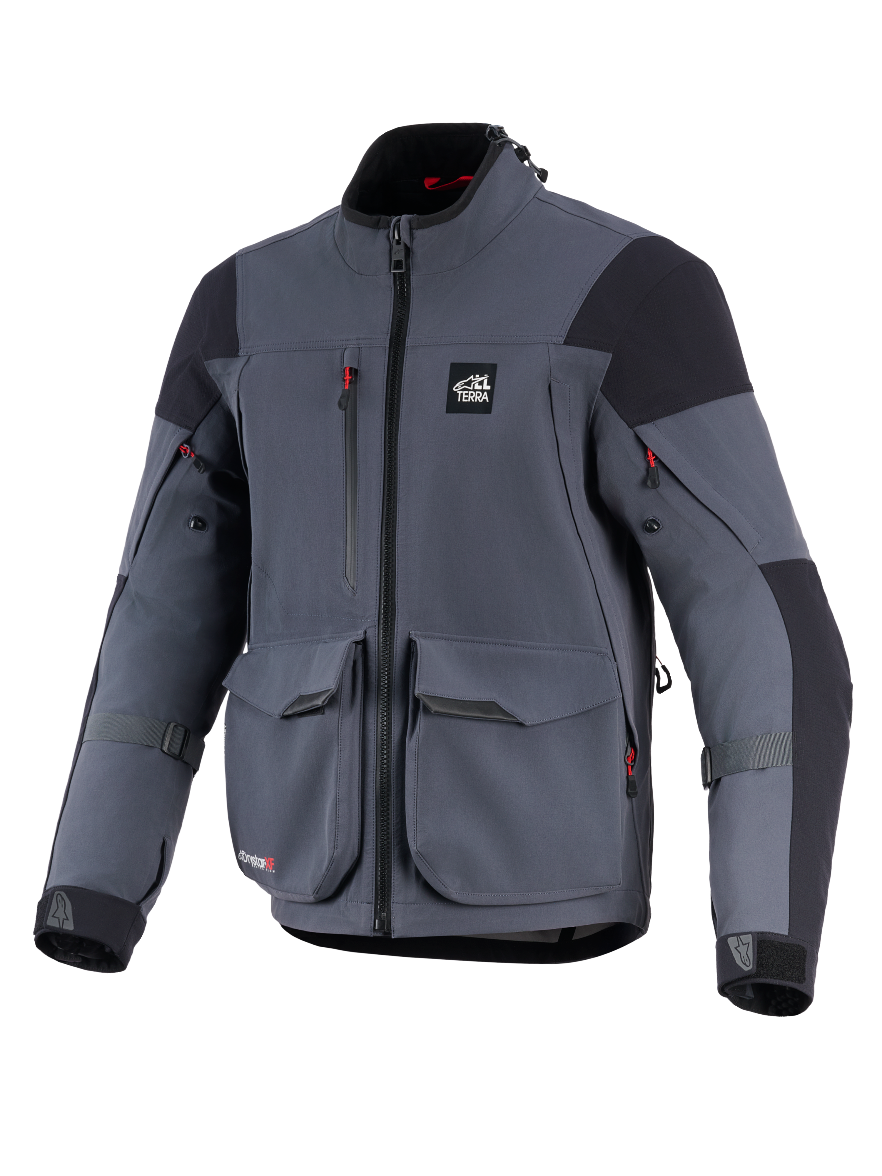 Alpinestars Maxdura Drystar®XF Laminated Armored Shell, Motorcycle Jacket, Deep Gray and Black, front view featuring large cargo pockets, red zipper accents, 'ALL TERRA' chest logo, and adjustable sleeve straps, technical adventure touring gear