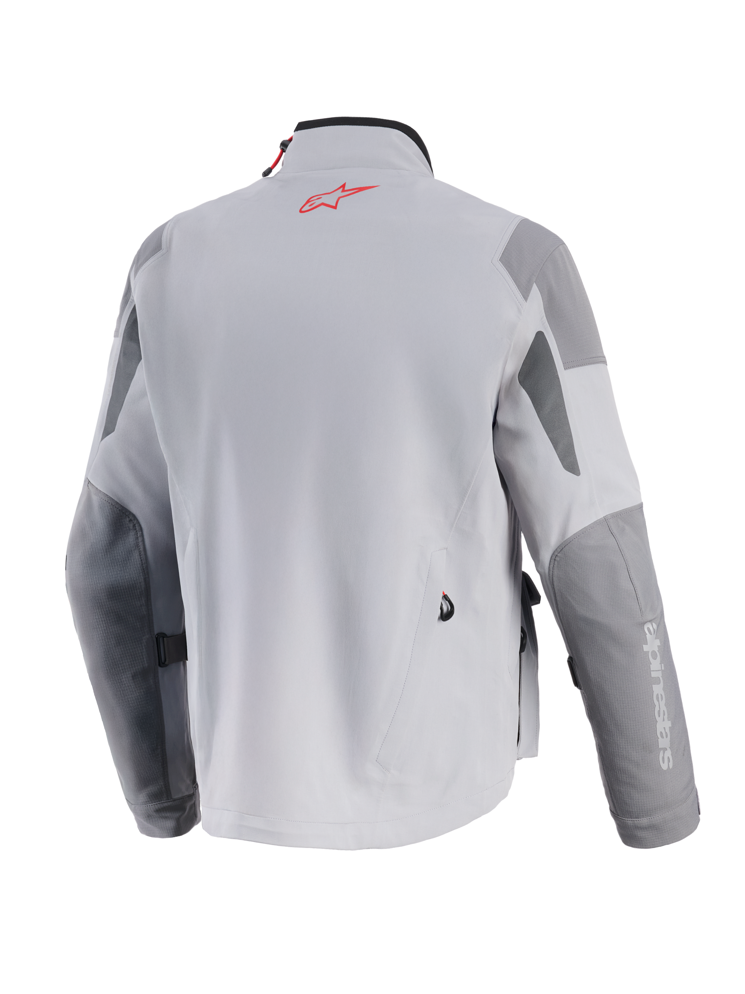 Alpinestars Maxdura Drystar®XF Laminated Armored Shell, Adventure Motorcycle Jacket, Mid Gray and Dark Gray, back view featuring a red Alpinestars logo on the neck, reinforced dark gray panels on elbows and shoulders, and professional textile construction.