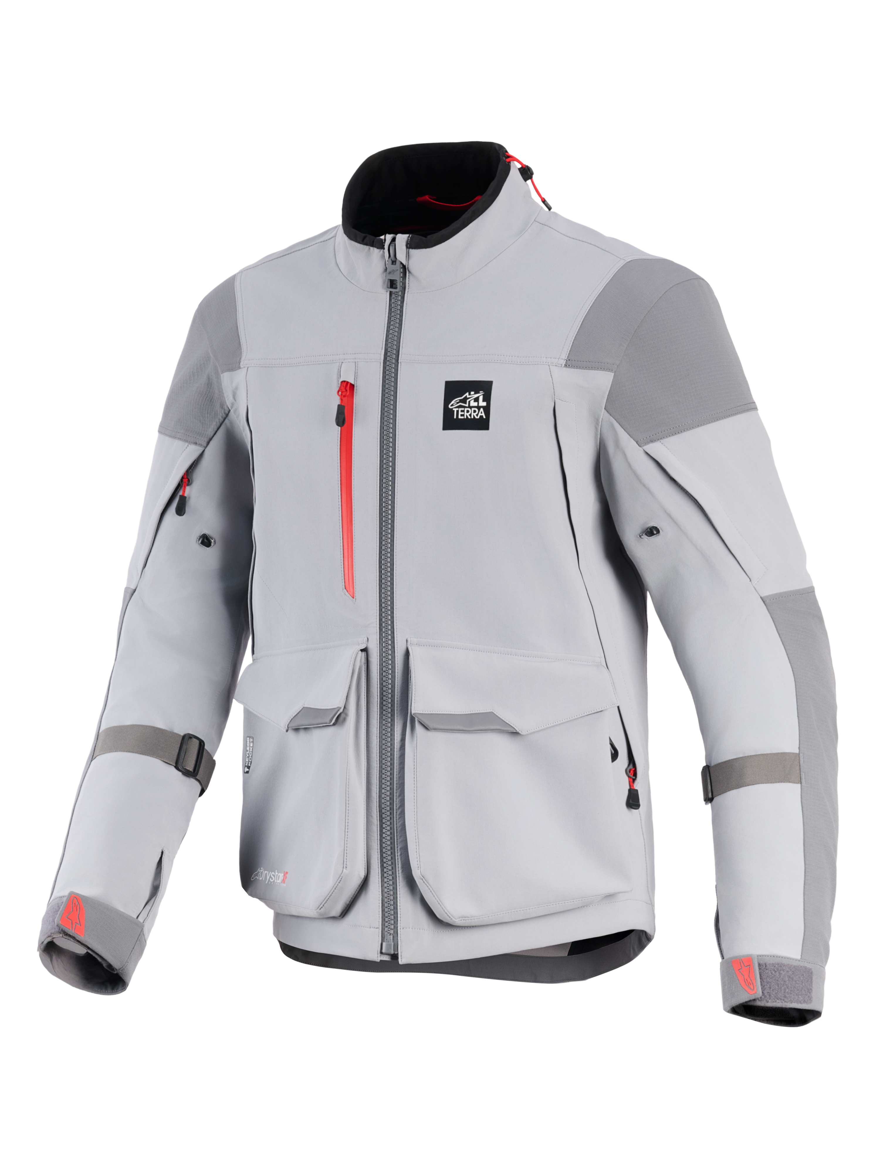 Alpinestars Maxdura Drystar®XF Laminated Armored Shell, Motorcycle Jacket, Mid Gray and Dark Gray, featuring red zipper accents and cuff logos, large front cargo pockets, reinforced shoulder and elbow panels, technical adventure gear design with 'ALL TERRA' logo on chest