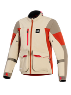 Alpinestars Maxdura Drystar®XF Laminated Armored Shell, Adventure Motorcycle Jacket, Aluminum Walnut and Rust Brown, features large front cargo pockets with red accents, vertical chest zipper, All Terra branding patch, and technical 3-layer laminated construction.