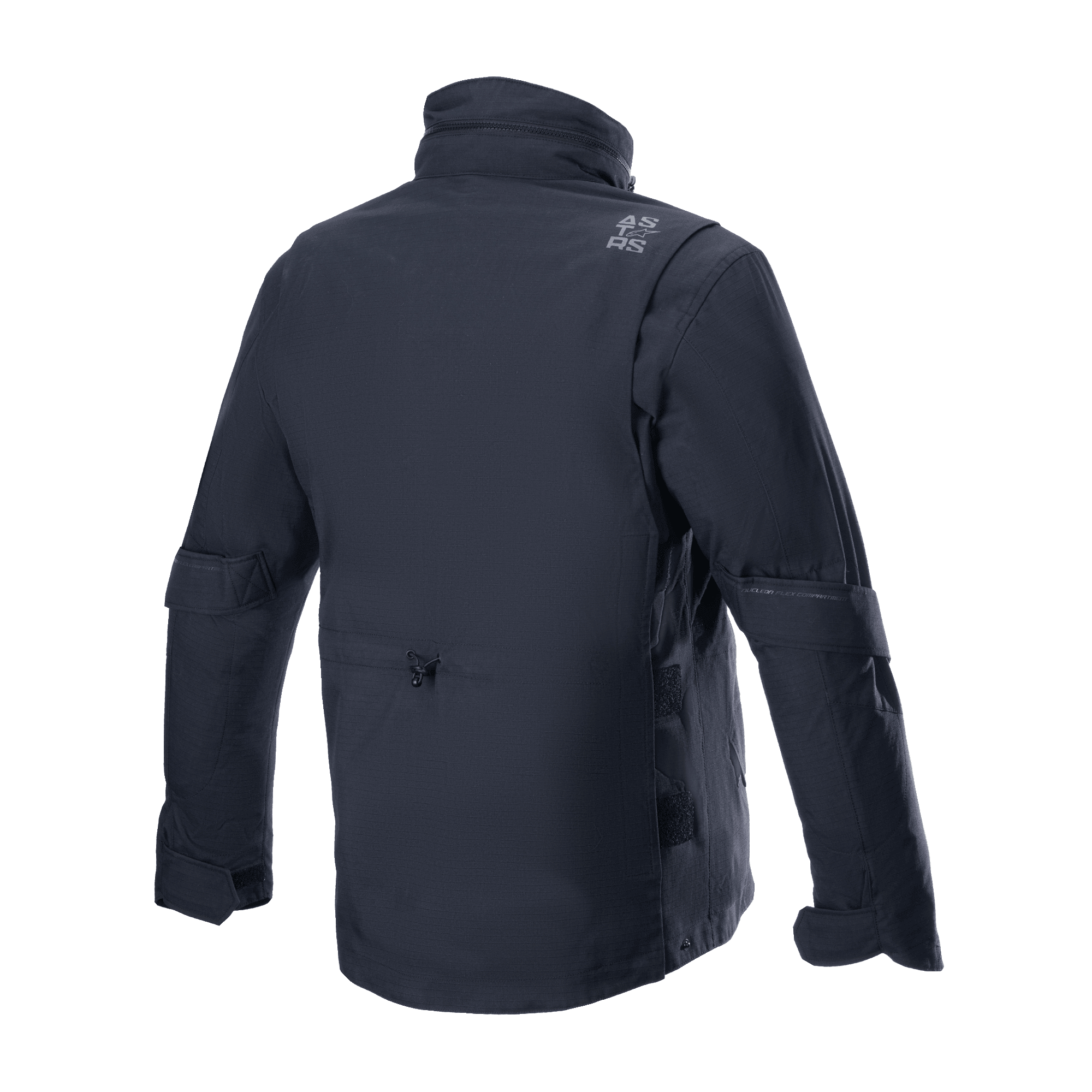 Alpinestars MO.ST.EQ Field Waterproof Primaloft Jacket, Black, Rear view, contemporary streetwear-inspired motorcycle jacket with ripstop textile construction, high collar, and subtle grey branding on the shoulder.