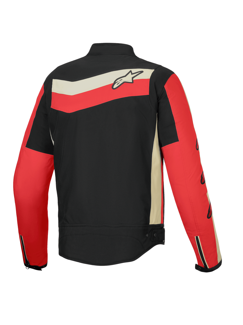 Alpinestars T-Dyno Water Resistant Jacket, blusão de moto para homem, vista traseira em preto, vermelho brilhante e ecru com gráficos heritage e proteção certificada CE