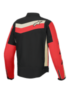 Alpinestars T-Dyno Water Resistant Jacket, blusão de moto para homem, vista traseira em preto, vermelho brilhante e ecru com gráficos heritage e proteção certificada CE