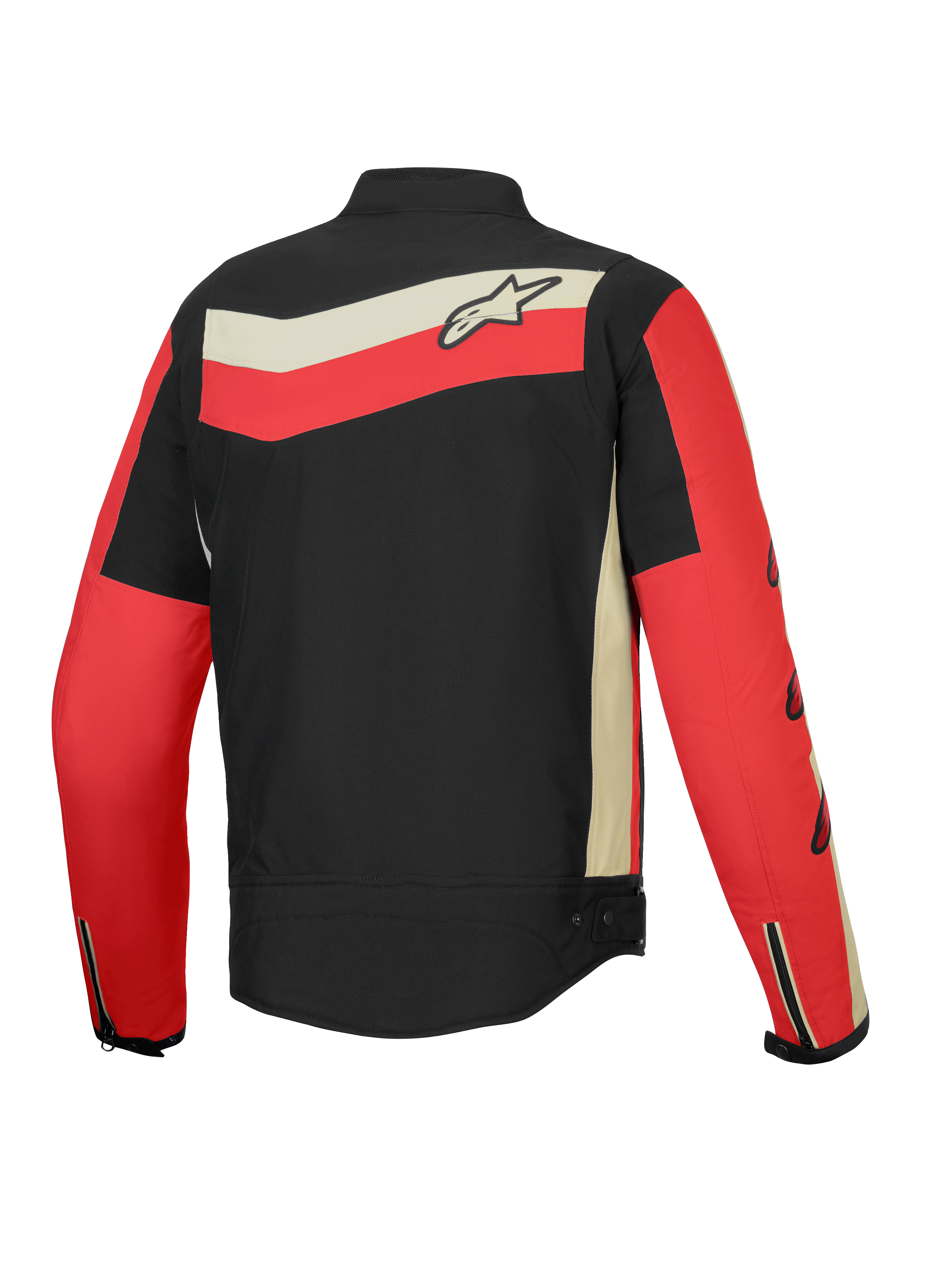 Alpinestars T-Dyno Water Resistant Jacket, blusão de moto para homem, vista traseira em preto, vermelho brilhante e ecru com gráficos heritage e proteção certificada CE
