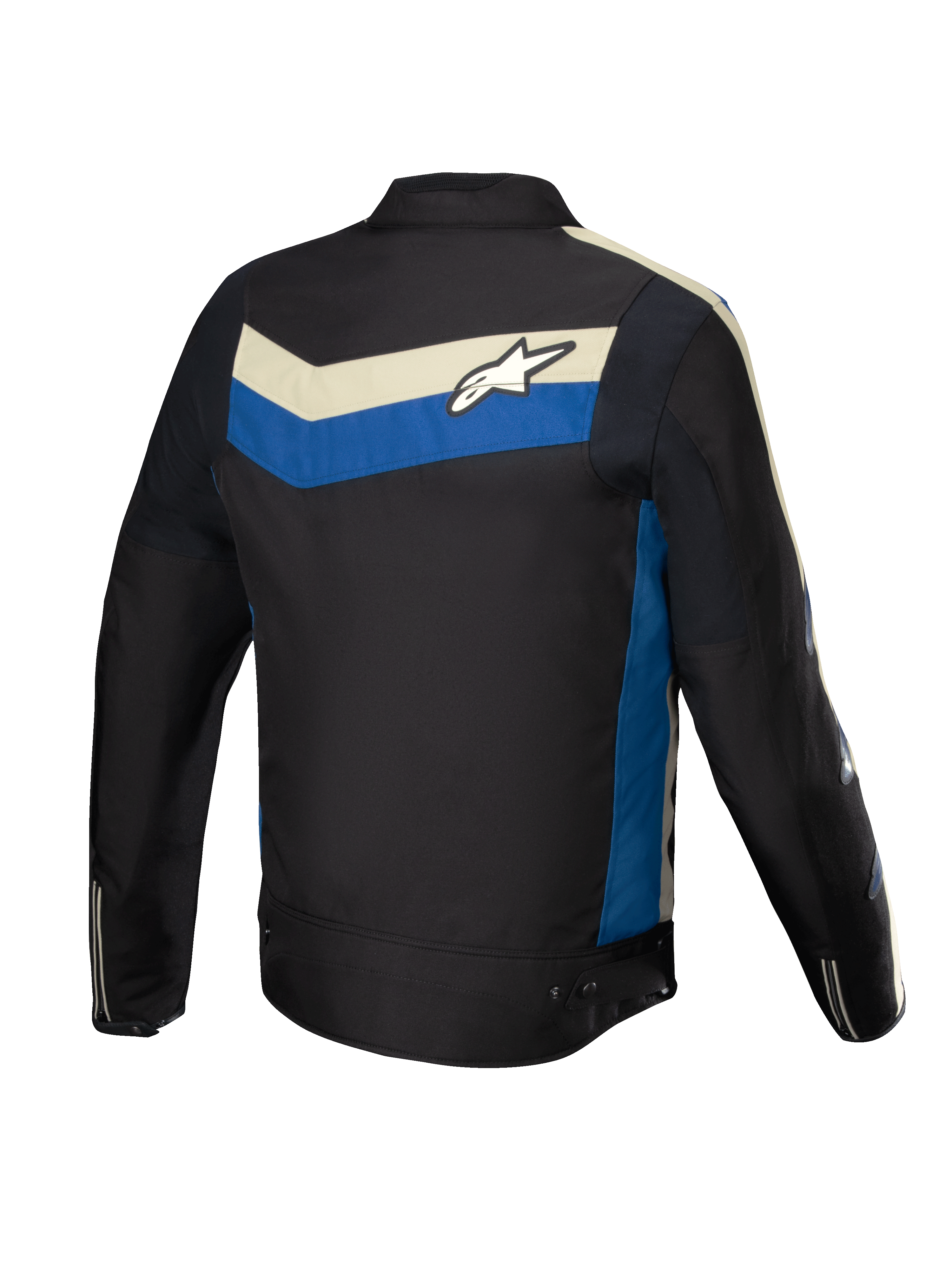 Alpinestars T-Dyno WR Jacket, casaco de moto para homem em tecido, preto com detalhes em azul e ecru, vista traseira com painéis elásticos e logótipo nas costas