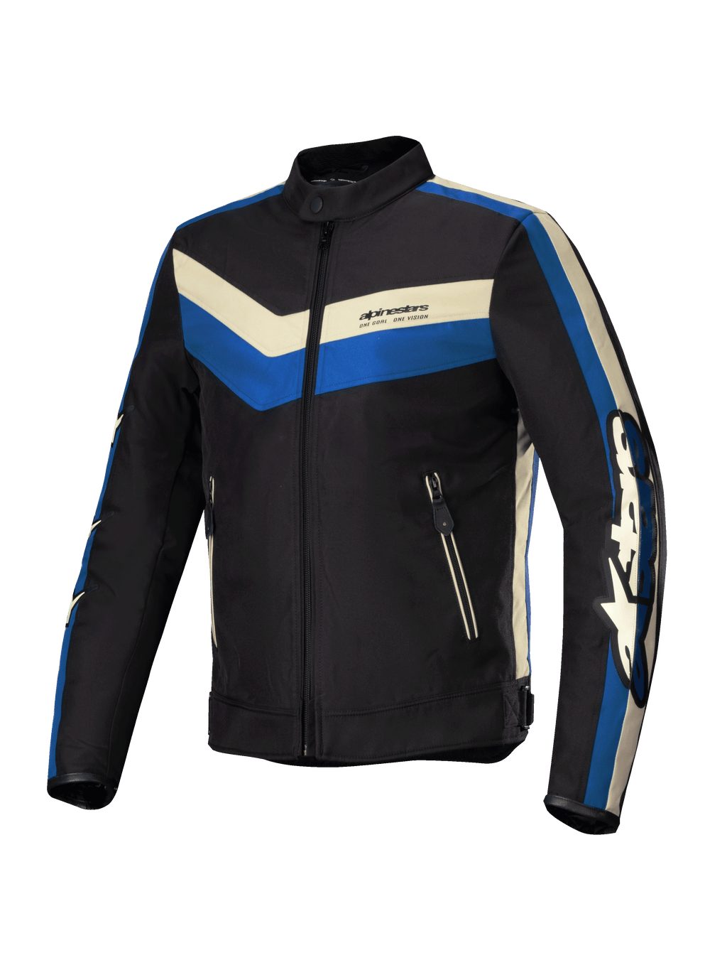 Alpinestars T-Dyno WR Jacket, casaco de moto têxtil para homem, preto, azul e écru, resistente à água com corte biker vintage