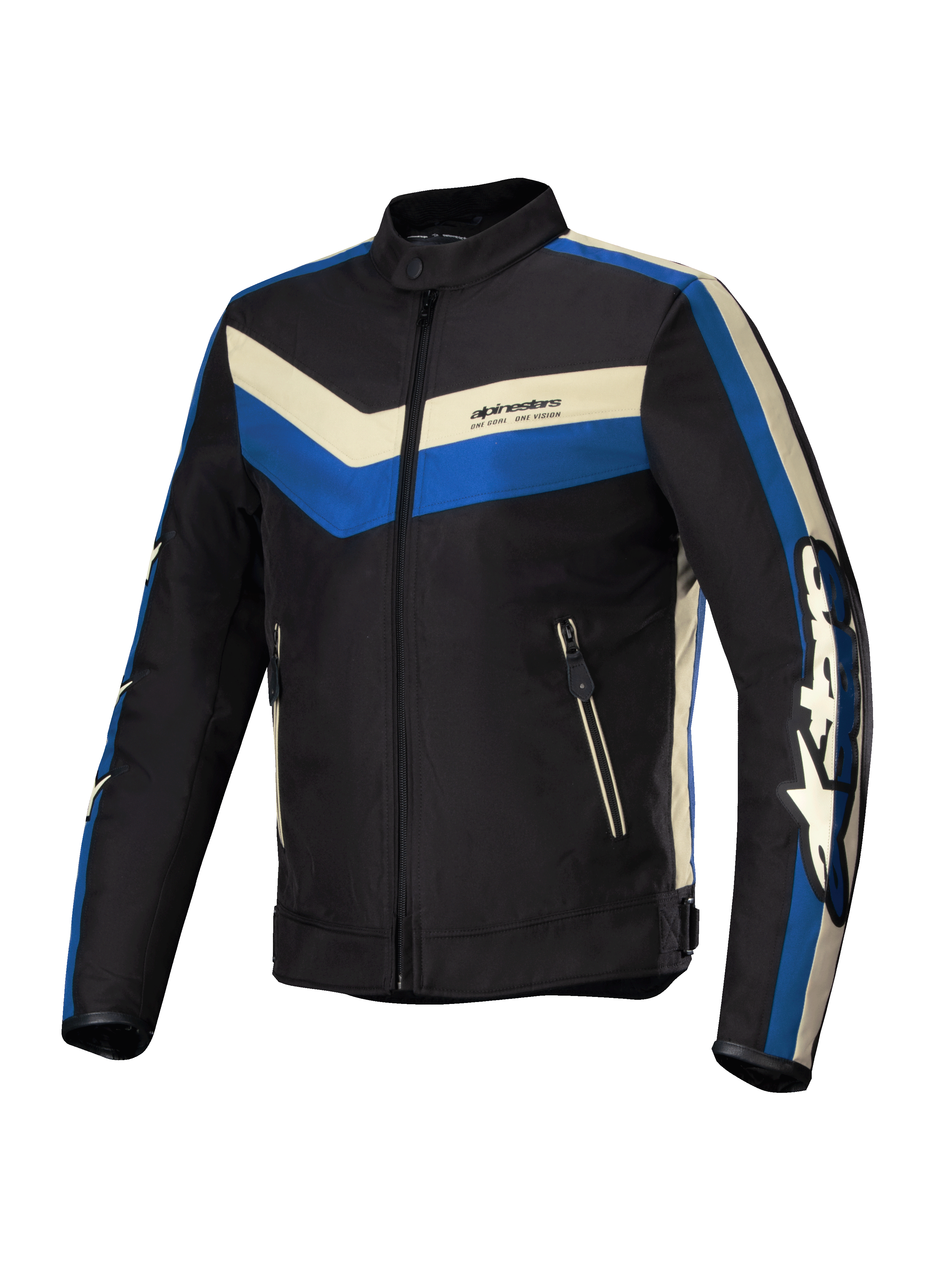 Alpinestars T-Dyno WR Jacket, casaco de moto têxtil para homem, preto, azul e écru, resistente à água com corte biker vintage