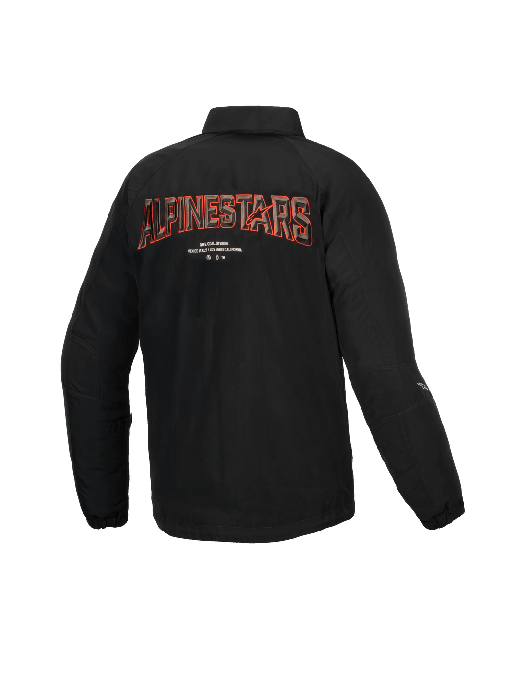 Alpinestars Revved WR Jacket, casaco de moto urbano preto, vista traseira com bordado 3D Alpinestars, cetim resistente à água, certificado CE de nível A