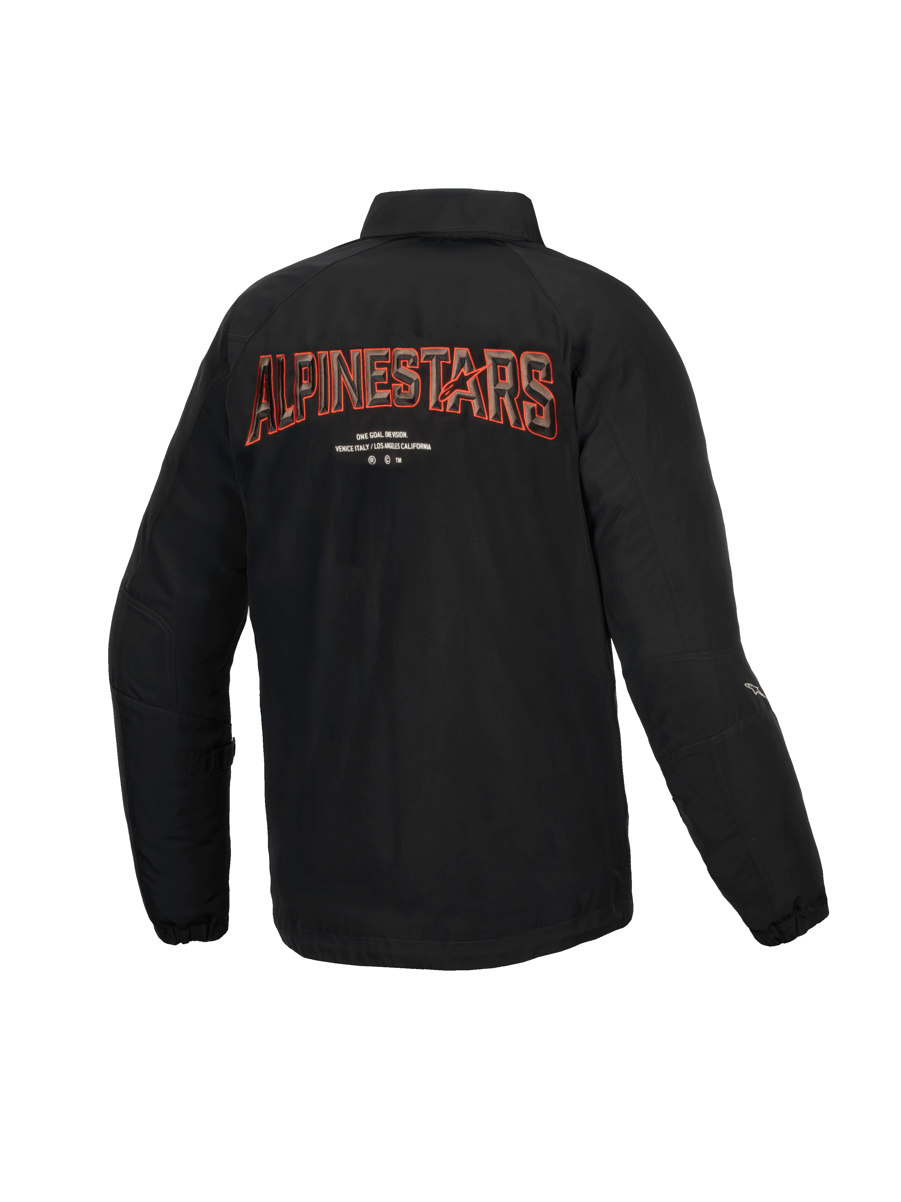 Alpinestars Revved WR Jacket, casaco de moto urbano preto, vista traseira com bordado 3D Alpinestars, cetim resistente à água, certificado CE de nível A