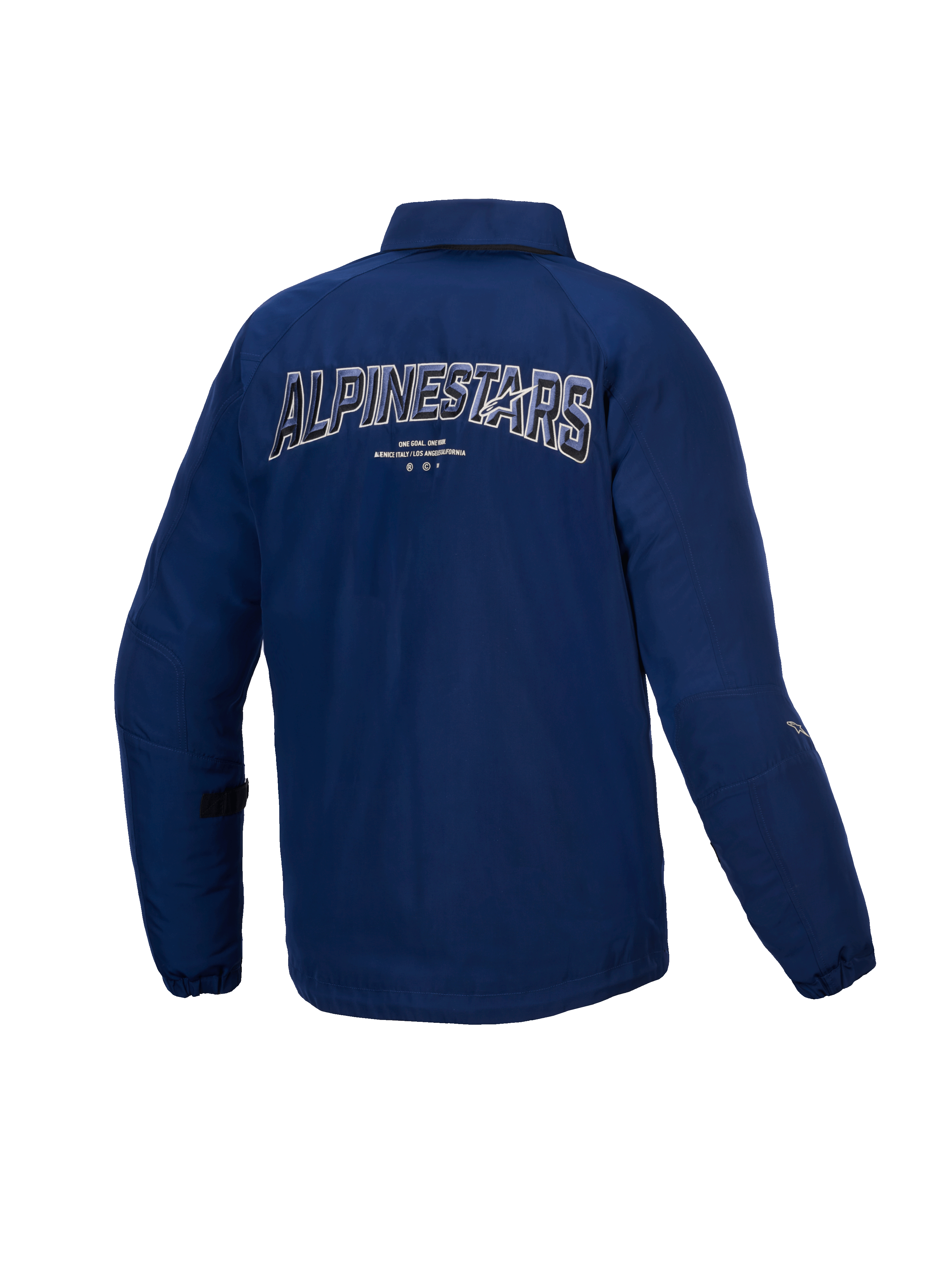 Alpinestars Revved Water Resistant Jacket, men's urban motorcycle jacket, Blue, back view showing dynamic 3D embroidery branding, CE certified water-resistant satin construction