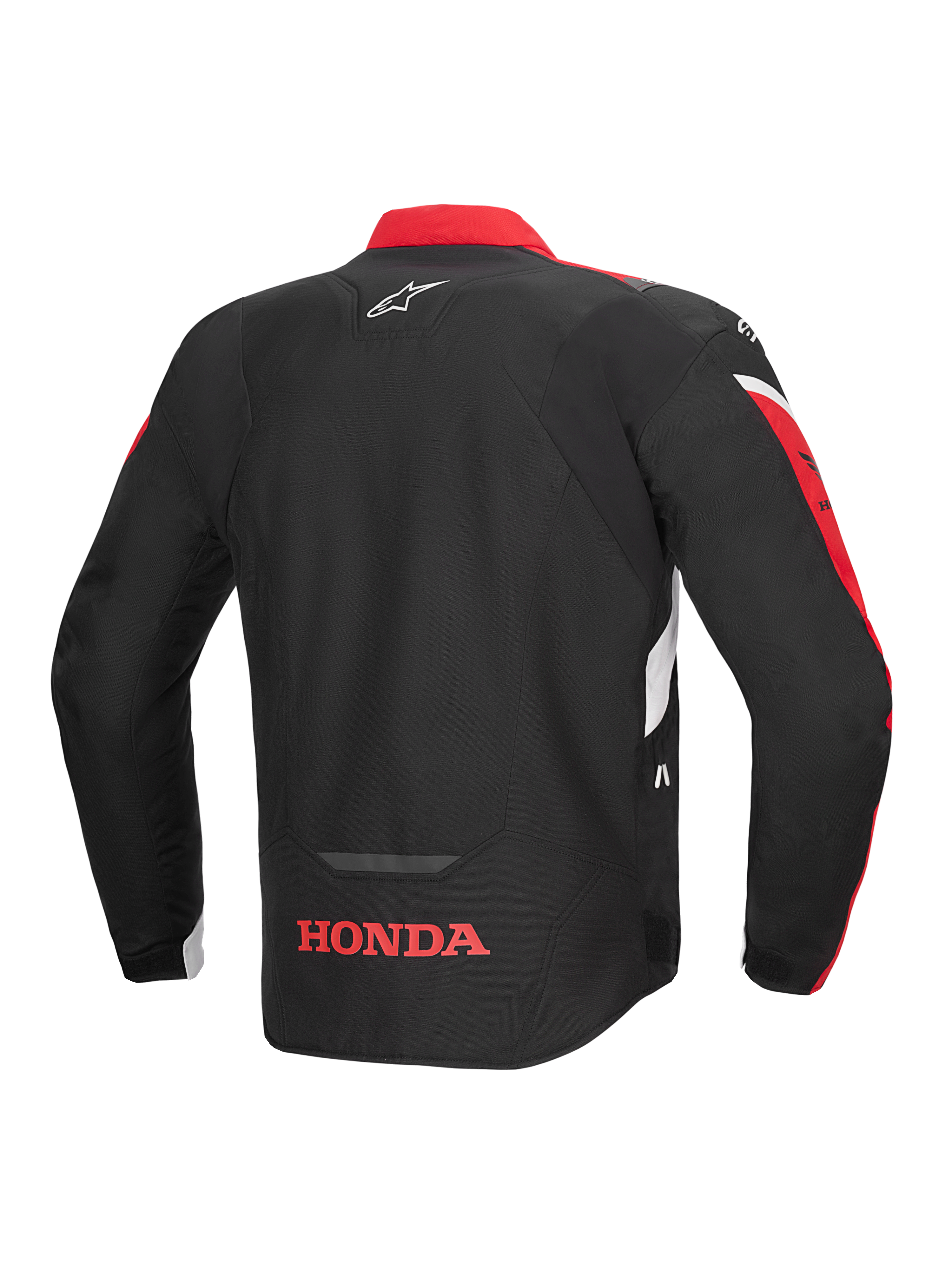 Alpinestars Honda T-Jaws V4 WP Jacket, Rear View, Black with Bright Red and White accents, featuring a red Honda logo on the lower back and Alpinestars star logo on the upper back, textile sport riding jacket with reflective detailing