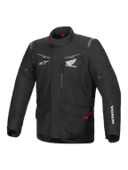 Alpinestars Honda ST-1 Waterproof Jacket, Motorcycle Touring Jacket, Black with Red Accents, Honda and Alpinestars Logos, High Collar, Padded Shoulders and Elbows, Zipper Closure, Front Pockets