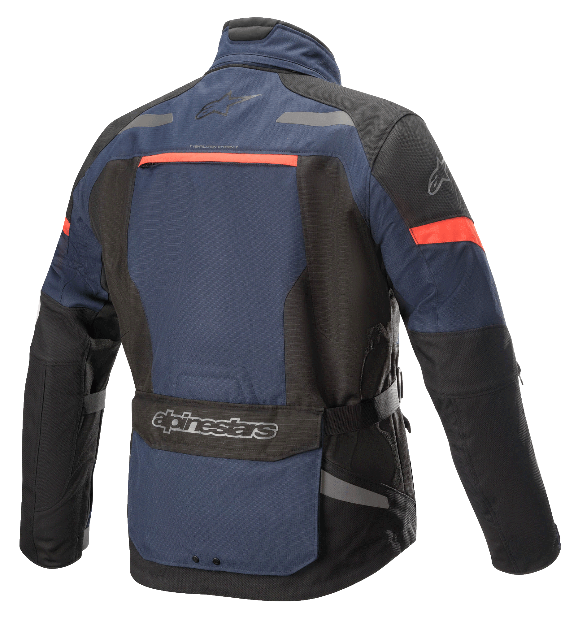 Alpinestars Valparaiso V3 Drystar® Jacket, casaco de motociclismo para turismo de aventura, azul escuro e preto com pormenores em vermelho alaranjado, vista traseira com um grande bolso utilitário, detalhes refletores e aberturas de ventilação.